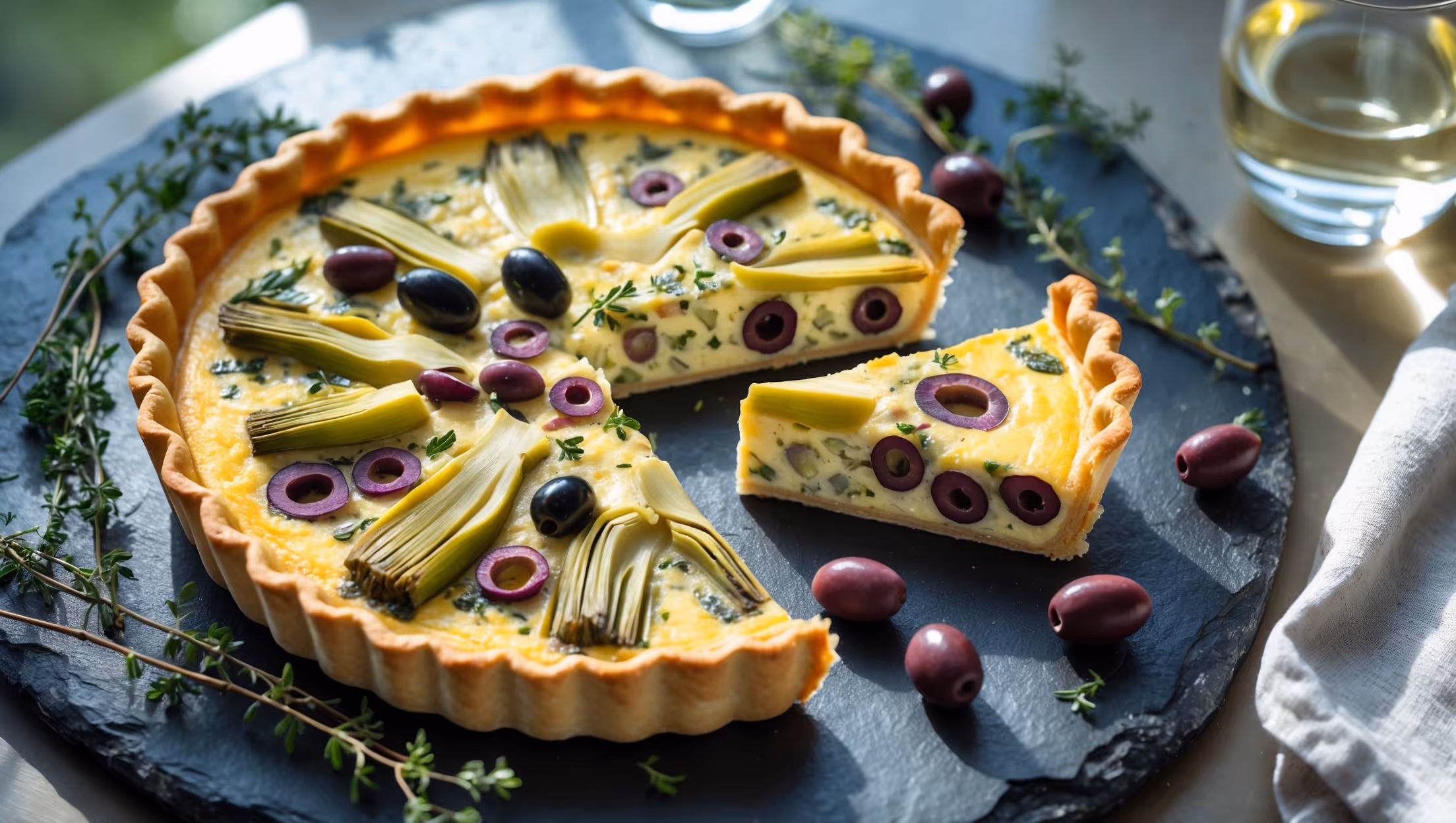 This overhead shot captures the Artichoke and Olive Quiche on a weathered slate serving board, with the perfectly golden-brown crust framing a just-set filling speckled with vibrant green artichoke pieces and purple-black olive slices. Soft natural light streams in from a nearby window, highlighting the quiche's glistening surface and flaky pastry edge. A scattered arrangement of fresh thyme sprigs, whole olives, and artichoke hearts surrounds the quiche, while a slice has been removed to reveal the custard's silky texture studded with Mediterranean ingredients. In the background, a glass of crisp white wine and linen napkin suggest an elegant lunch setting.