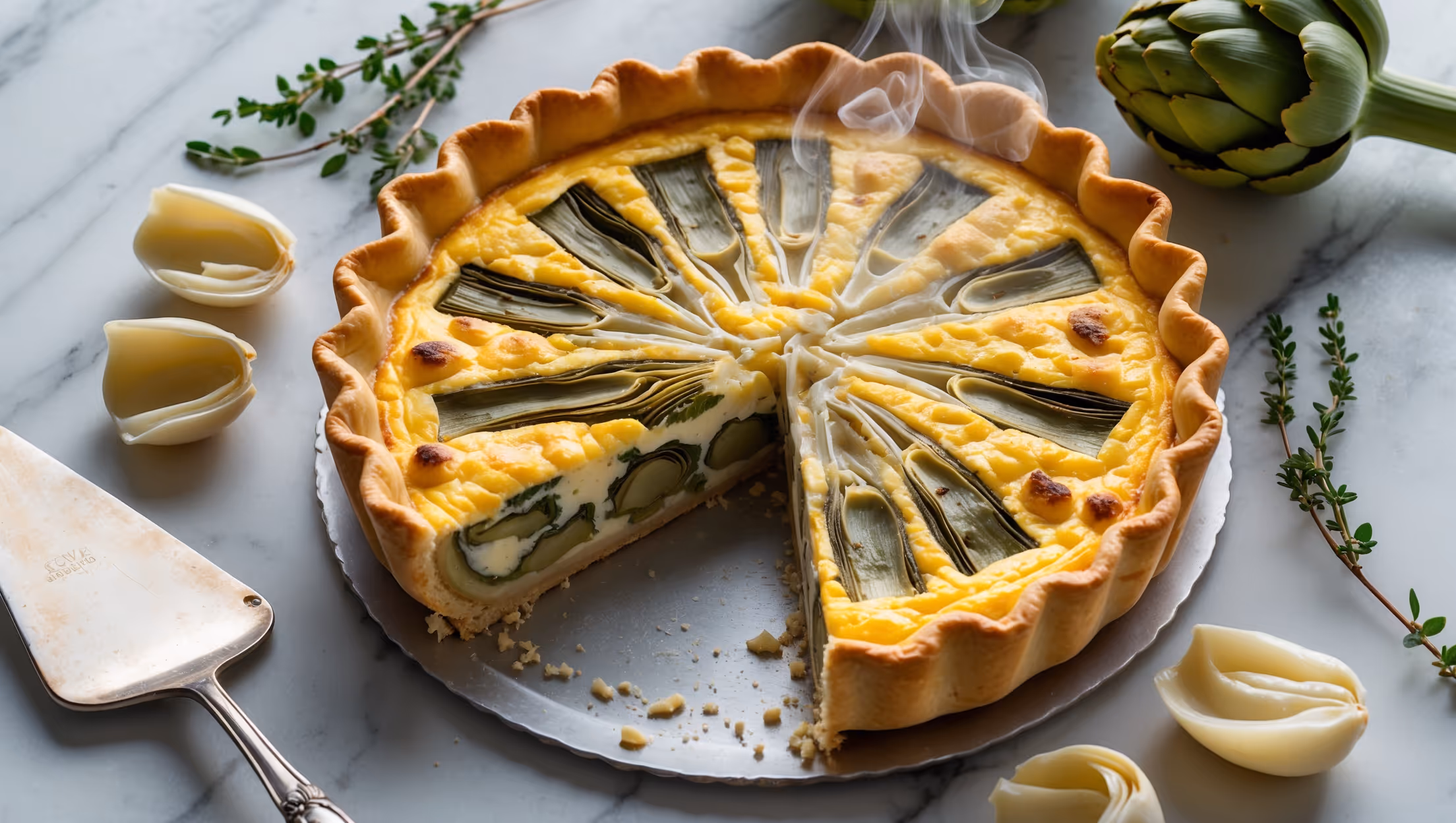 An overhead shot of a golden-brown Artichoke and Parmesan Quiche with a perfectly crimped edge, photographed in soft natural light on a marble countertop. The cross-section reveals layers of creamy egg custard studded with vibrant artichoke pieces and pockets of melted Parmesan cheese. Steam gently rises from the freshly-cut slice, with a few fresh thyme sprigs and additional artichoke hearts arranged alongside for styling. A vintage silver cake server rests beside the quiche, ready to lift out a generous wedge that showcases the contrast between the flaky pastry and silky filling.