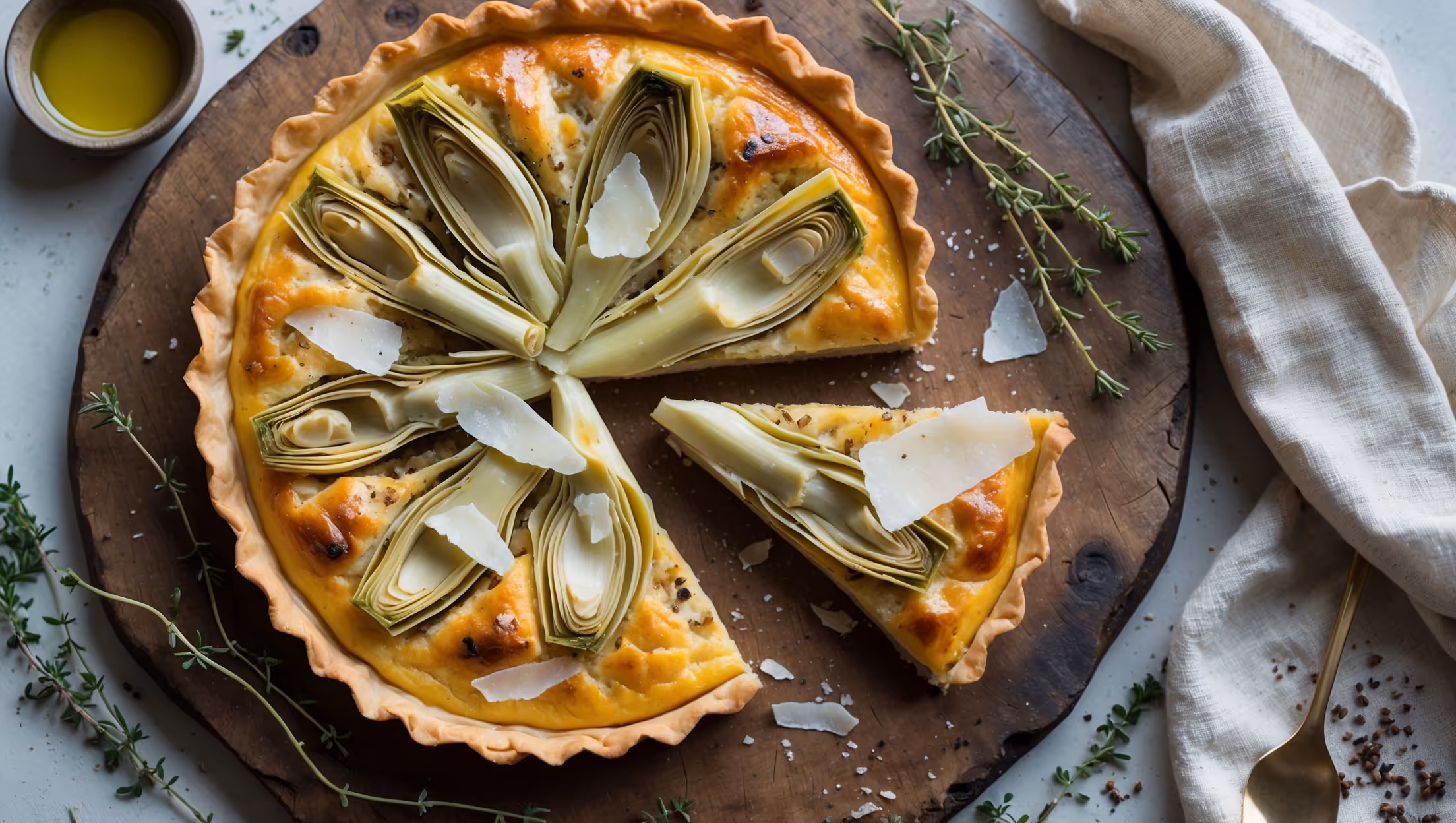 An overhead shot of a golden-brown Artichoke and Parmesan Tart resting on a weathered wooden board, with a just-cut slice revealing its silky custard filling studded with tender artichoke pieces. Natural window light highlights the flaky, buttery pastry edges and the caramelized top where slivers of artichoke and shavings of aged Parmesan create an appetizing pattern. Scattered fresh thyme sprigs, a small bowl of extra virgin olive oil, and a rustic linen napkin frame the composition, while a dusting of cracked black pepper adds textural detail and emphasizes the savory, sophisticated nature of this Mediterranean-inspired tart.