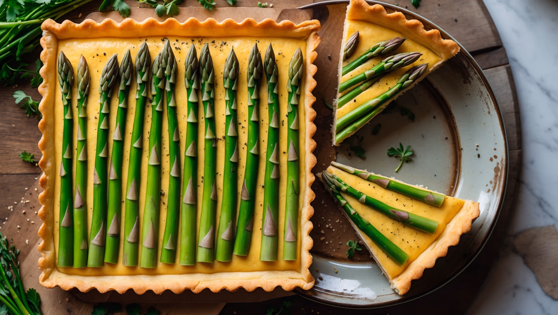 An overhead shot of a rectangular Asparagus Tart with perfectly arranged bright green asparagus spears creating an elegant pattern across the golden surface. Soft natural light streams across the scene, highlighting the contrast between the vibrant asparagus and the rich, creamy filling. The tart rests on a rustic wooden board alongside scattered fresh herbs and a light dusting of black pepper. A cross-section view reveals layers of flaky pastry supporting the silky custard filling, with the asparagus tips proudly displayed. A vintage ceramic plate holds a single slice, showcasing the clean edges of the perfectly baked crust and the delicate texture of the filling.