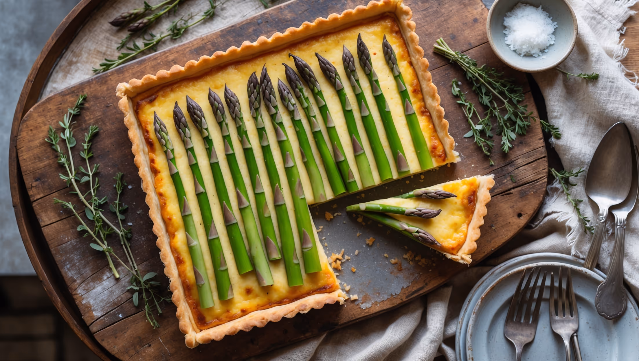 An overhead shot captures this rectangular Asparagus and Gruyère Tart resting on a weathered wooden serving board, showcasing perfectly aligned asparagus spears arranged in an elegant pattern atop the golden-brown custard filling. Natural window light highlights the vibrant green asparagus against the creamy yellow custard and the flaky, bronzed pastry edges. A scattering of fresh thyme sprigs and a small bowl of flaky sea salt sit alongside, while a just-cut slice reveals the luscious custard layer studded with melted Gruyère. The tart is photographed on a rustic linen cloth with vintage silver cutlery, creating a sophisticated yet approachable spring tablescape.