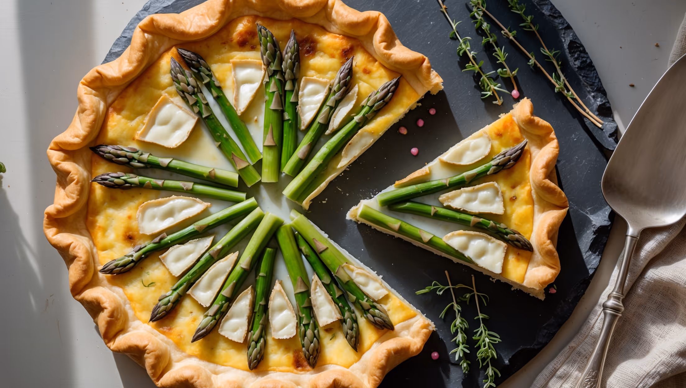 An overhead shot of the golden-brown Asparagus and Brie Quiche resting on a weathered slate serving board. Soft natural light streams in from a nearby window, highlighting the flaky, buttery crust crimped to perfection around the edges. The filling reveals vibrant green asparagus spears arranged in a star pattern, interspersed with pools of melted brie that have developed a delicate golden crust. A freshly cut slice reveals the silky, just-set custard interior with pockets of creamy cheese. Fresh thyme sprigs and scattered pink peppercorns add color accents, while a rustic linen napkin and vintage silver server complete the composition, suggesting a sophisticated yet approachable brunch setting.