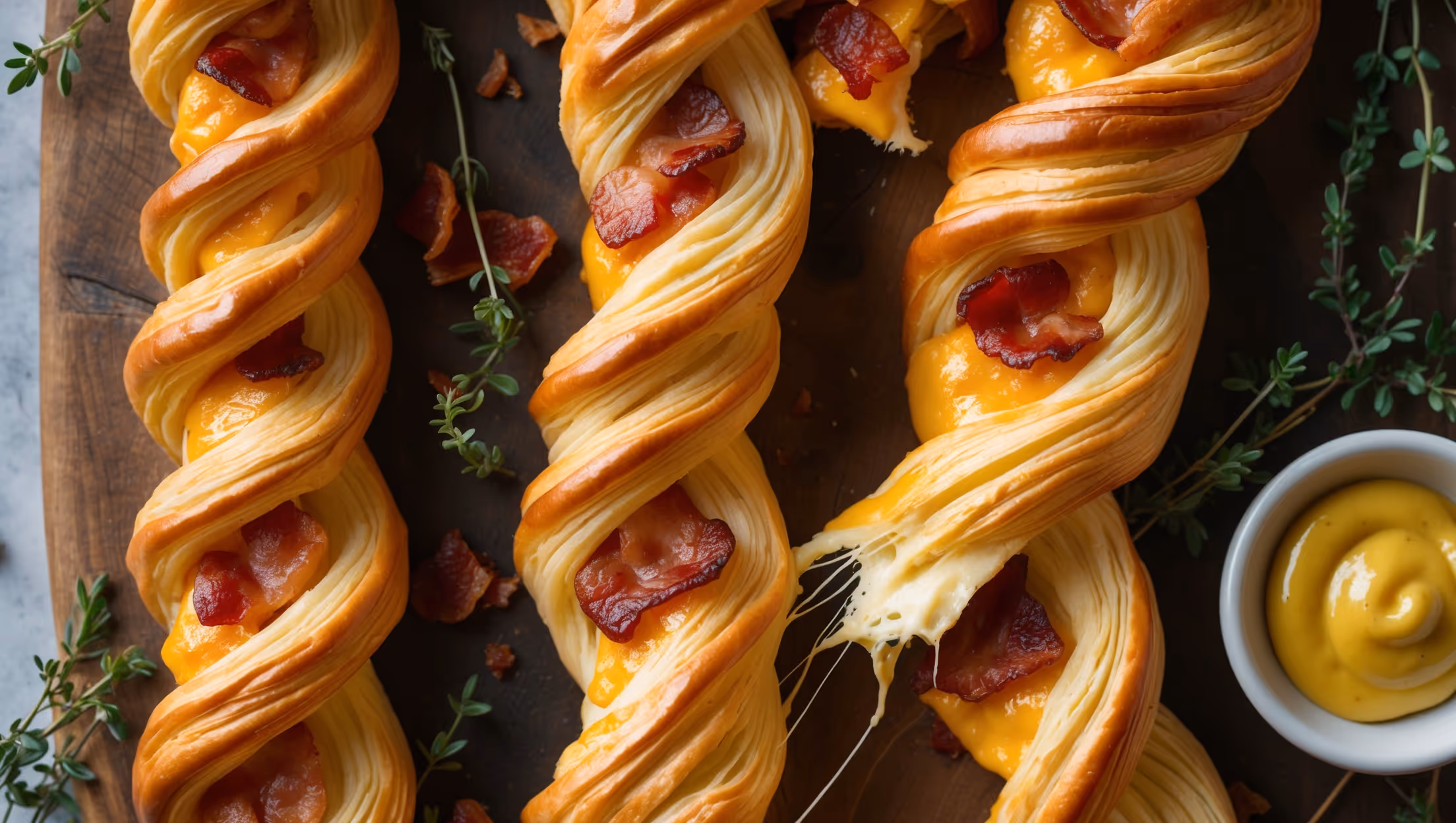 Overhead shot of golden-brown, spiral-shaped pastry twists arranged on a rustic wooden board, with visible flecks of crispy bacon and pockets of melted cheddar creating appetizing color contrast. A few twists are positioned upright to showcase their distinctive spiral pattern and layers of flaky pastry. Soft natural light highlights the glossy, slightly caramelized cheese edges and buttery sheen, while scattered fresh thyme sprigs and a small ramekin of Dijon mustard for dipping add vibrant color accents. The composition suggests casual elegant entertaining, with a few twists appearing to be freshly broken to reveal the stretchy cheese pulls and bacon-studded interior.