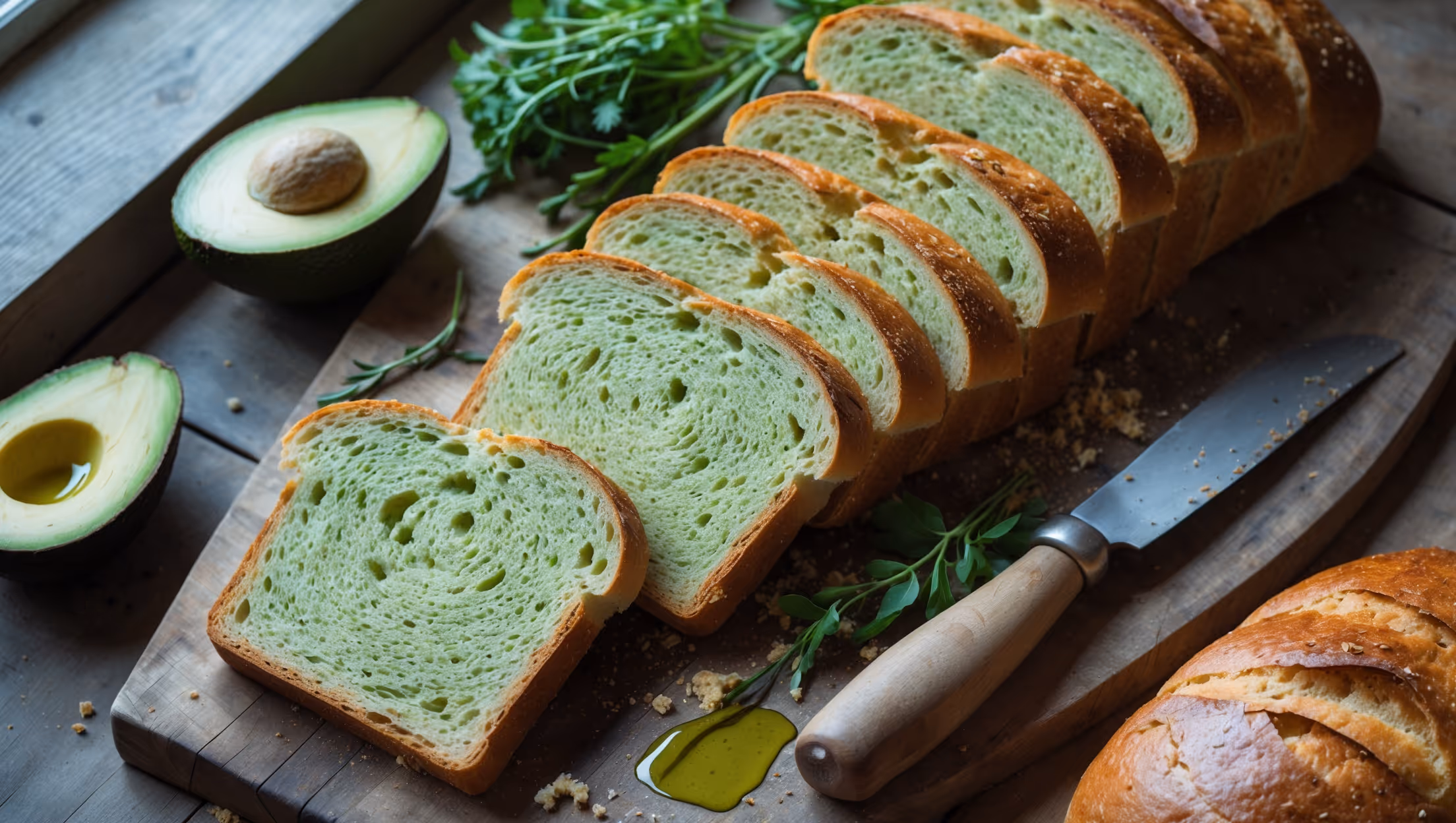 An overhead shot of freshly sliced avocado sandwich bread arranged on a rustic wooden cutting board, with one slice propped up to showcase its light green-tinted crumb and perfectly golden crust. Soft natural light streams from a side window, highlighting the bread's tender texture and moist interior. A halved avocado, fresh herbs, and a drizzle of olive oil sit alongside, suggesting serving possibilities. A vintage bread knife rests nearby, and a few breadcrumbs are artfully scattered across the wood surface, creating a lived-in, homely atmosphere that emphasizes this bread's wholesome, handmade quality.