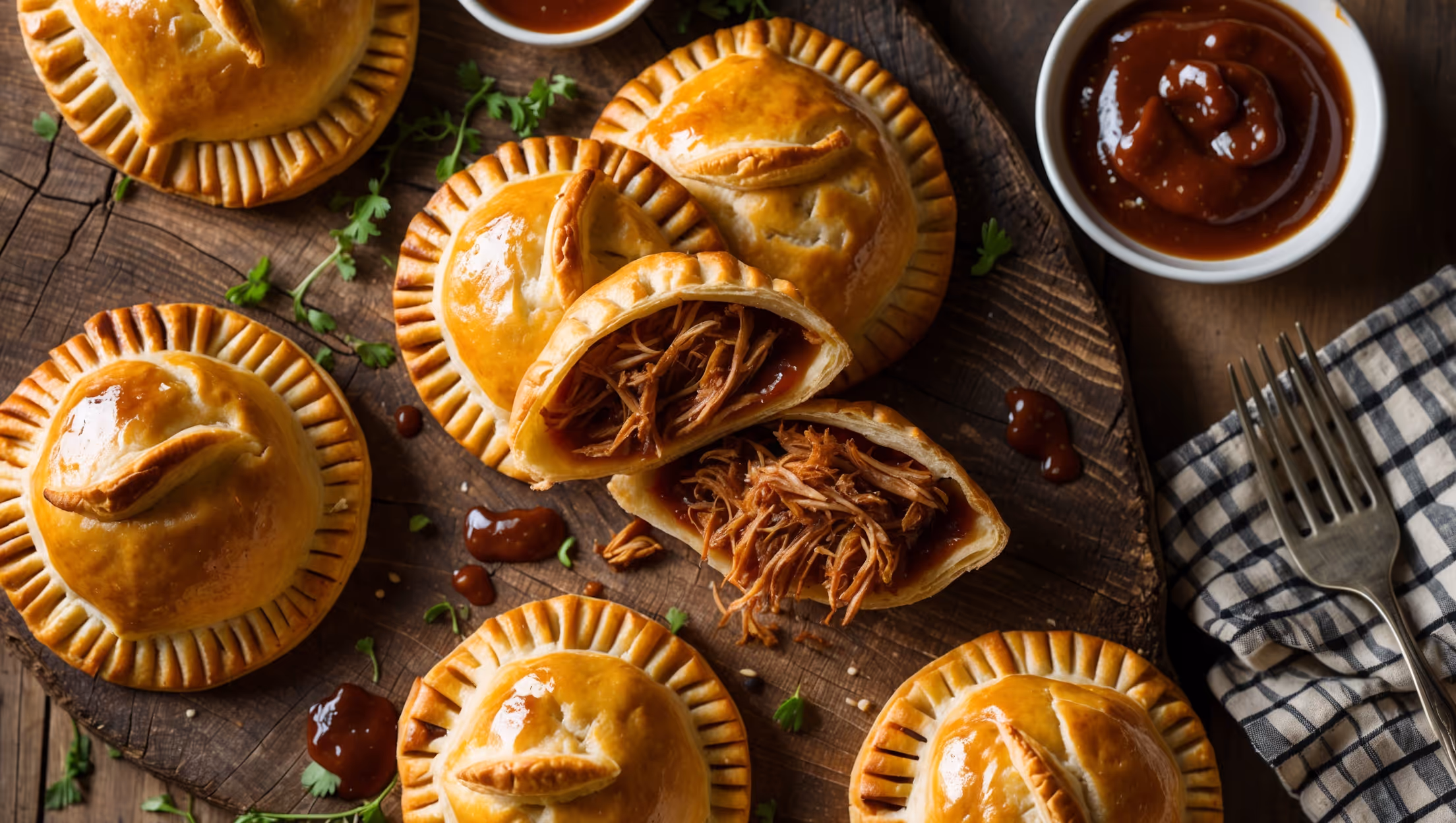Overhead shot of golden-brown hand pies arranged on a rustic wooden serving board, with one pie broken open to reveal the succulent, saucy pulled pork filling spilling out. The cross-section highlights the perfect layers of buttery, flaky pastry contrasting with the rich, dark brown BBQ filling. Captured in warm natural light that accentuates the glistening pastry and caramelized edges, with a small bowl of extra BBQ sauce and scattered fresh herbs providing color contrast. A checkered napkin and vintage fork rest alongside, suggesting casual dining, while wisps of steam hint at their fresh-from-the-oven warmth.
