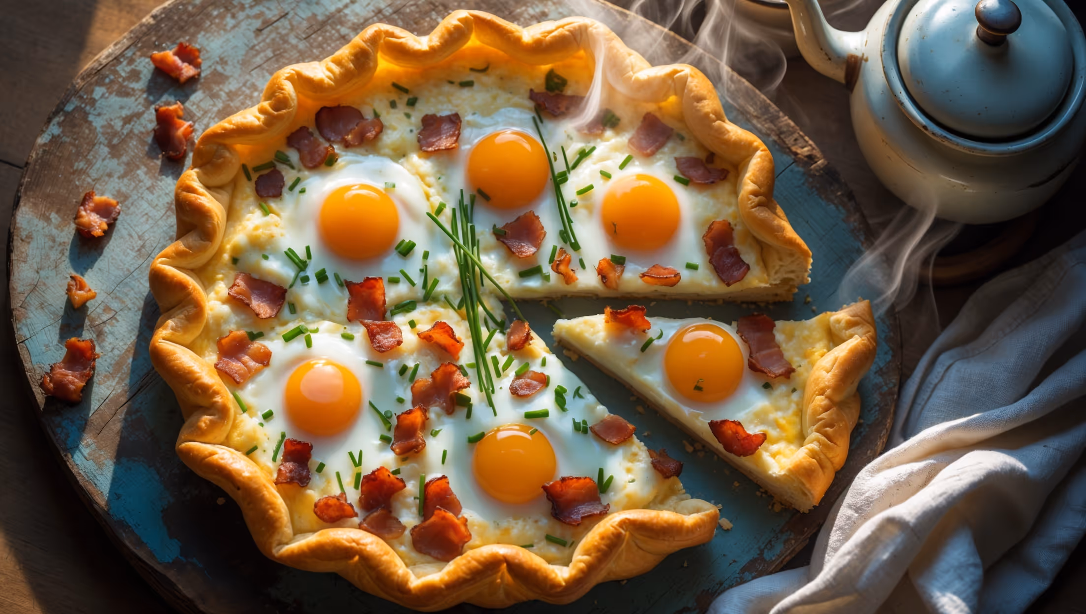An overhead shot of the rustic Bacon and Egg Breakfast Tart displaying its golden-brown puff pastry border and six perfectly baked eggs nestled in a creamy cheese mixture, each yolk still slightly glossy at the center. The scene is bathed in warm morning light streaming through a nearby window, highlighting the crisp bacon pieces scattered throughout and the fresh chives sprinkled on top. The tart rests on a weathered wooden serving board alongside a vintage enamel coffee pot and linen napkins, creating an inviting breakfast tableau. Steam gently rises from the just-cut slice, revealing the delicate layers of the pastry base contrasting with the rich, savory filling.