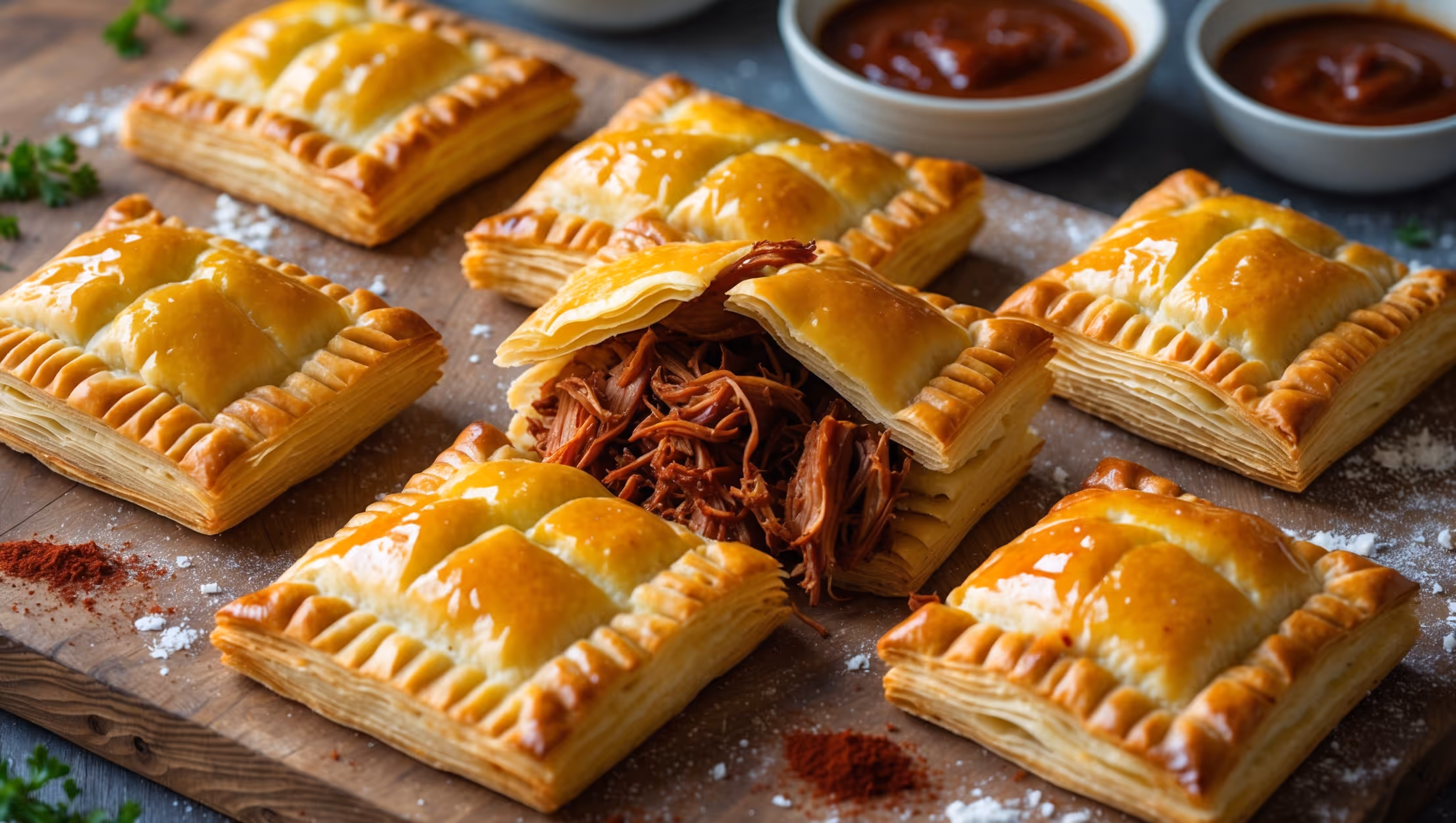An overhead shot of golden-brown puff pastry squares arranged on a rustic wooden serving board, their tops glistening with an egg wash sheen. A cross-section view reveals the succulent BBQ pulled pork filling spilling out, showcasing the contrast between the flaky, buttery pastry layers and the deep reddish-brown meat. Soft natural light highlights the multiple delicate layers of the pastry while casting gentle shadows that emphasize texture. In the background, small bowls of additional BBQ sauce and fresh herbs add pops of color, while scattered smoked paprika and a light dusting of flour on the board hint at the baking process.