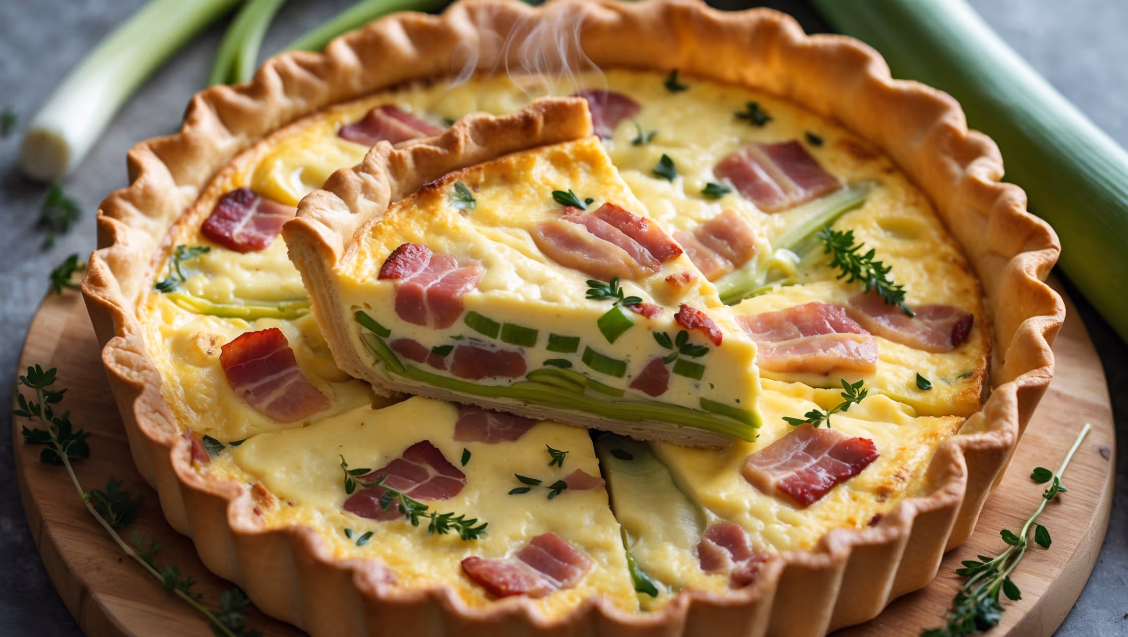 An overhead shot of a perfectly golden Bacon and Leek Quiche with a slice being lifted to reveal the creamy, custard interior studded with pink bacon pieces and verdant leeks. The pastry edges are beautifully crimped and bronzed, photographed in soft natural light that highlights the flaky layers of the buttery crust. A wooden board holds the quiche, scattered with fresh thyme sprigs and a few raw leeks for context. The cross-section shows the delicate custard with perfectly distributed filling ingredients, while steam gently rises from the freshly cut slice, suggesting warmth and comfort.