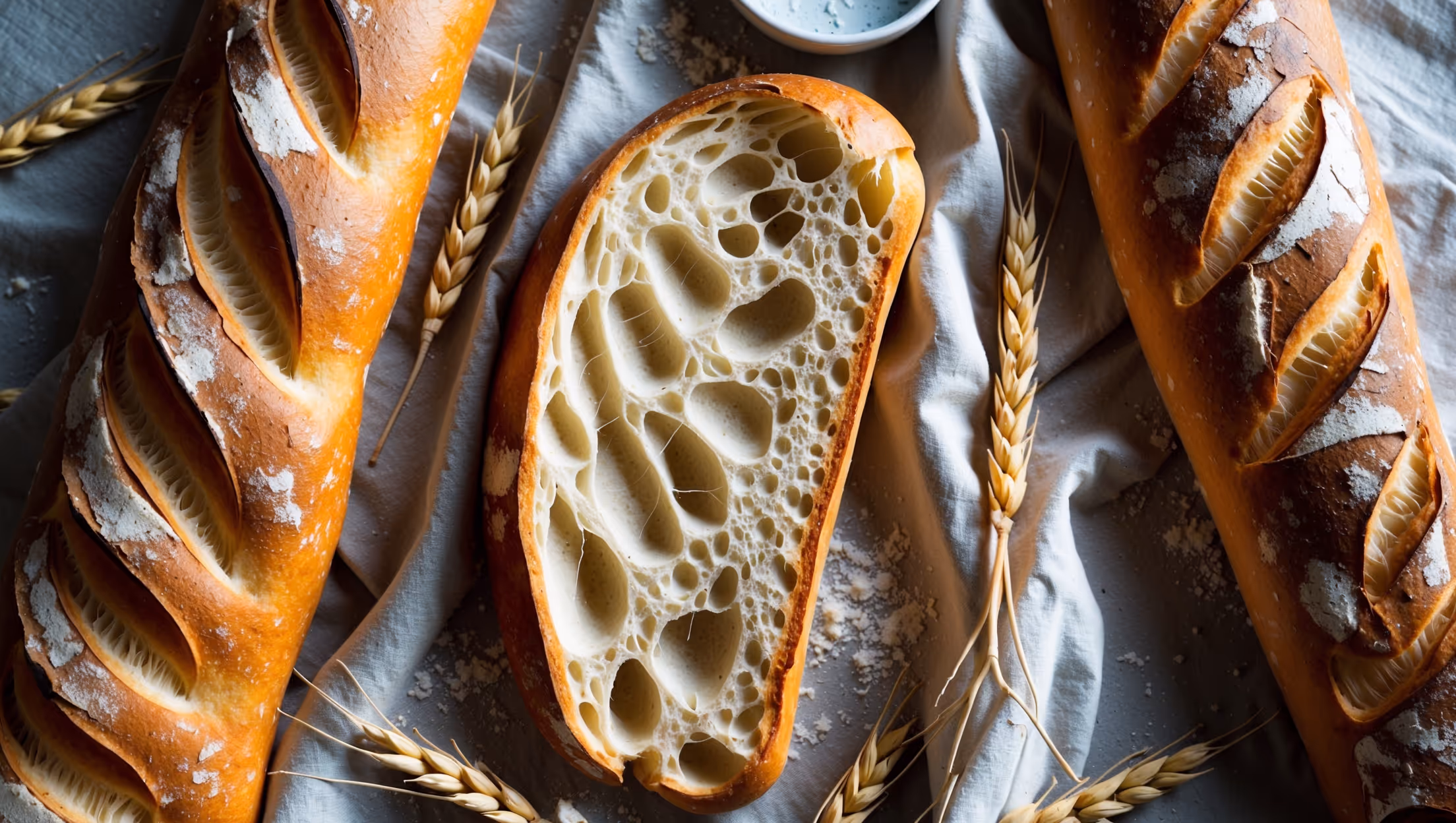 A professional overhead shot of three rustic, artisanal baguettes arranged diagonally on a flour-dusted linen cloth. The golden-brown crusts showcase dramatic scoring marks that have opened beautifully during baking, revealing the creamy interior crumb. A cross-section of one baguette displays the characteristic open, irregular hole structure with translucent cell walls. Soft natural window light creates gentle shadows highlighting the baguettes' crunchy exterior texture, while scattered wheat stalks and a small bowl of sea salt add context to the composition. The warm, amber tones of the perfectly caramelized crust contrast with the cool linen backdrop, emphasizing the bread's artisanal quality and traditional French baking technique.