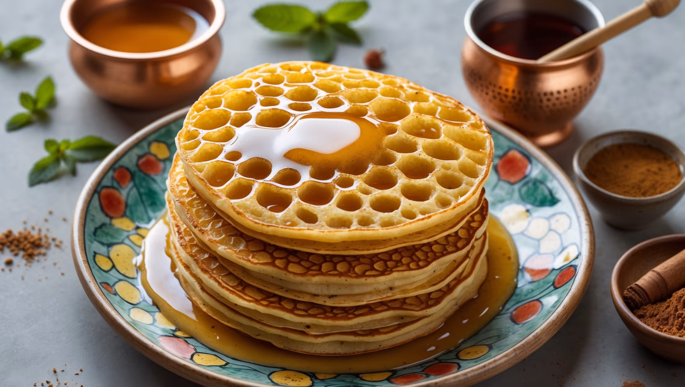 An overhead shot of golden-brown Baghrir pancakes stacked on a hand-painted Moroccan ceramic plate, their distinctive honeycomb surfaces glistening with honey-butter sauce that pools in tiny bubbles. The soft natural light highlights the thousands of tiny holes that characterize these semolina pancakes. In the background, a small copper pot contains more honey-butter sauce with a wooden dipper, while scattered mint leaves and a small bowl of ground cinnamon add vibrant color contrast. A traditional Moroccan tea glass filled with mint tea sits alongside, completing the authentic North African breakfast scene.