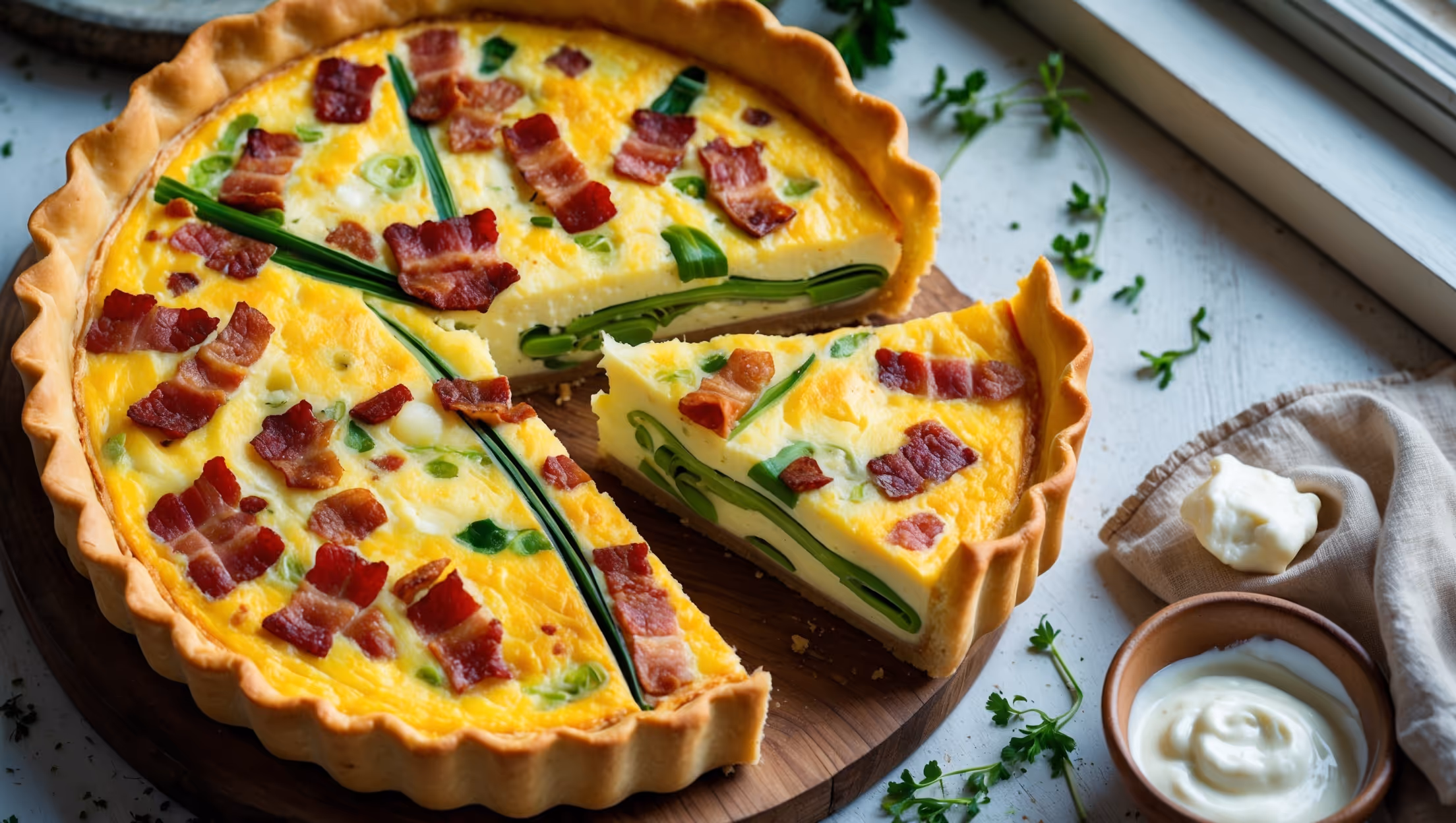 An overhead shot of the golden-brown Bacon and Leek Quiche sitting on a rustic wooden serving board, with a slice being lifted to reveal the perfect custard filling studded with vibrant green leeks and crispy bacon pieces. The cross-section shows the flaky pastry crust and creamy interior with distinct layers. Soft natural light streams from a nearby window, highlighting the delicate egg filling's silky texture. The scene is complemented by scattered fresh herbs, a small bowl of crème fraîche, and a vintage linen napkin, creating an inviting brunch setting that emphasizes the quiche's homemade quality and savory appeal.