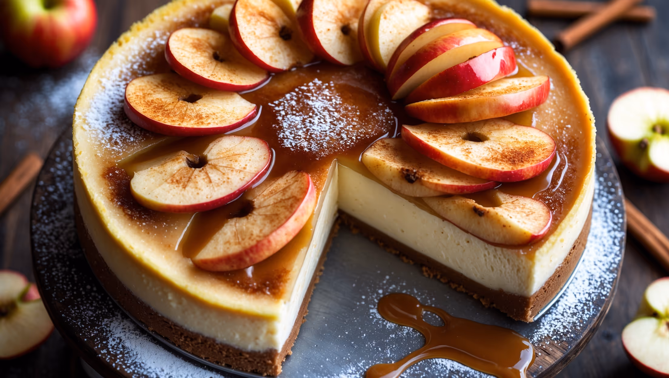 An overhead shot of a perfectly baked apple cheesecake with a stunning caramelized apple pattern on top, set on a rustic wooden cake stand. Soft natural light highlights the golden-brown edges of the crust and glistening apple slices arranged in a decorative spiral. A cross-section view reveals three distinct layers: the crumbly biscuit base, creamy vanilla-flecked cheesecake center, and the crown of tender baked apples with visible cinnamon specks. A light dusting of powdered sugar adds dimension, while stray apple slices and cinnamon sticks strategically placed around the stand hint at the key flavors. A drizzle of caramel sauce cascades down one side, catching the light.