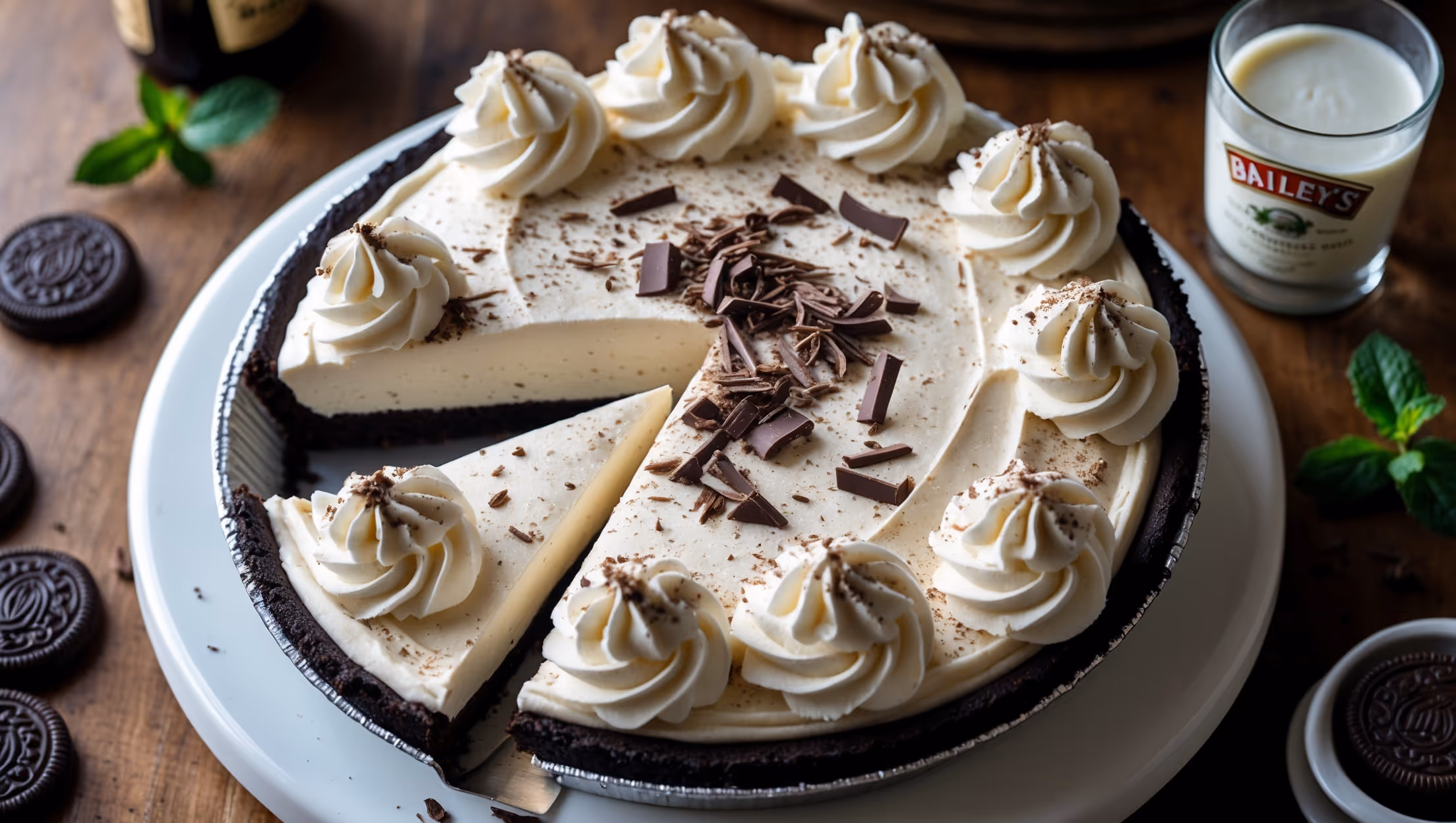 An overhead shot captures this elegant Bailey's Irish Cream Pie on a vintage white cake stand, with one perfect slice removed to reveal its luscious, creamy filling and chocolate cookie crust. The pie's surface gleams under soft natural light, decorated with artful swirls of freshly whipped cream and a generous dusting of dark chocolate shavings that catch the light. A small glass of Bailey's sits nearby alongside scattered chocolate cookies and a sprig of mint, adding context and color. The styling evokes a cozy Irish pub atmosphere with a refined touch – warm wooden surfaces contrast with the pie's creamy beige filling, which shows subtle flecks of vanilla bean throughout.