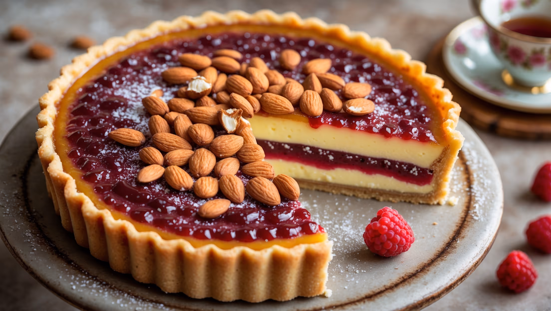 An overhead shot reveals a perfectly golden Bakewell Custard Tart with a rustic crimped edge, its surface adorned with toasted flaked almonds that contrast beautifully against the caramelized frangipane layer. A cross-section view displays the distinct layers – crisp shortcrust pastry, vibrant raspberry jam, creamy vanilla custard, and almond frangipane – all captured in soft natural light on a vintage ceramic cake stand. Scattered fresh raspberries and a light dusting of icing sugar add visual interest, while the warm amber tones of the baked tart are complemented by a weathered wooden serving board and a delicate china teacup nearby, evoking the essence of traditional British afternoon tea.