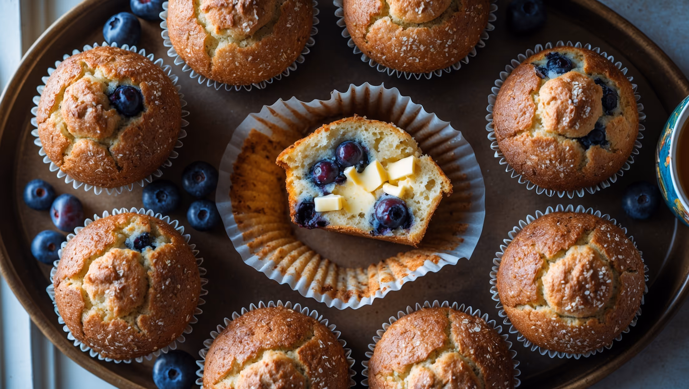An overhead shot of six bakery-style jumbo muffins arranged on a rustic wooden tray, their impressive domed tops rising well above the muffin liners. Natural morning light streams in from a nearby window, highlighting the sparkle of coarse sugar crystals adorning the craggily tops. A cross-section view of one broken muffin reveals a tender, moist crumb studded with plump blueberries, with pockets of melted butter visible throughout. Scattered fresh berries and a vintage ceramic mug of coffee complete the scene, suggesting a perfect weekend breakfast moment. The rich golden-brown color of the muffin tops contrasts beautifully with the bright purple-blue berries peeking through the surface.