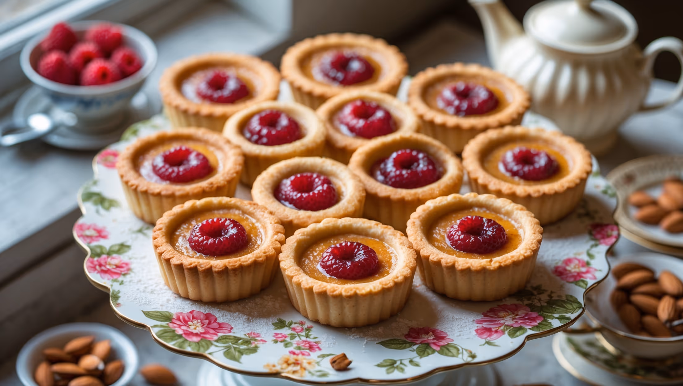 An overhead shot showcases a collection of perfectly golden Bakewell tarts arranged on a vintage floral cake stand. Natural window light highlights the characteristic feathered pattern on each tart's surface where almond flakes have toasted to a beautiful amber color. A cross-section view reveals distinct layers: the crisp shortcrust base, the vibrant ruby-red raspberry jam, and the moist frangipane filling. In the background, a small bowl of fresh raspberries and a scattering of toasted almonds complement the scene, while a dusting of powdered sugar catches the light. A cream ceramic teapot and delicate china cup suggest the perfect afternoon tea pairing for these quintessentially British treats.