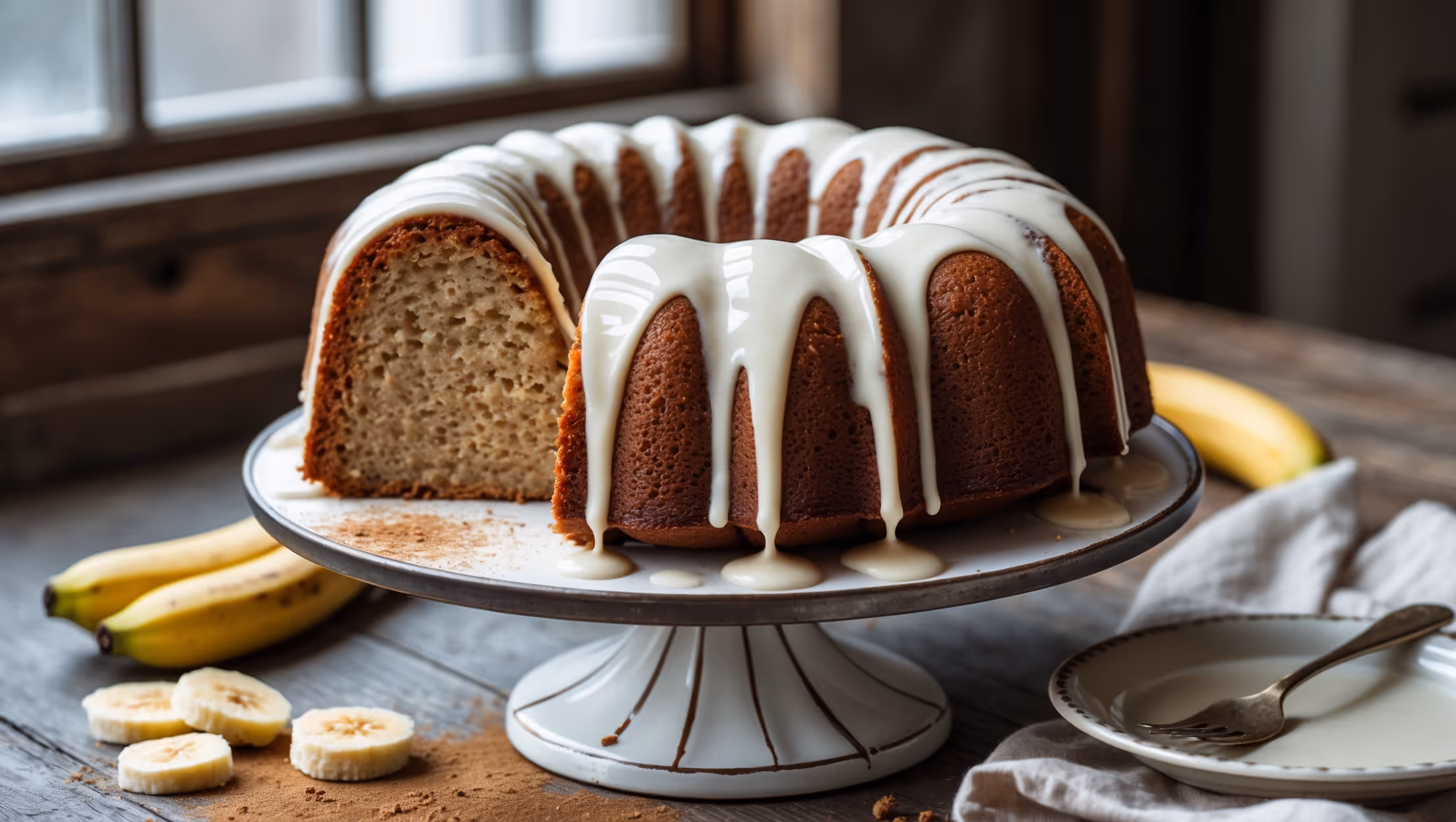 An elegantly simple banana bundt cake captured in soft natural window light, showcasing its perfect golden-brown exterior and characteristic fluted design. A cross-section reveals the cake's incredibly moist, tender crumb speckled with tiny flecks of banana throughout. A glossy cream cheese glaze cascades down the ridges in delicate drips, pooling slightly on the vintage cake stand below. Scattered around the base are a few fresh banana slices and a light dusting of cinnamon, while a sliced piece on a small plate reveals the cake's dense yet light texture. The warm amber tones of the cake contrast beautifully against the cool white glaze, all styled on a rustic wooden table with a linen napkin and fork suggesting immediate enjoyment.