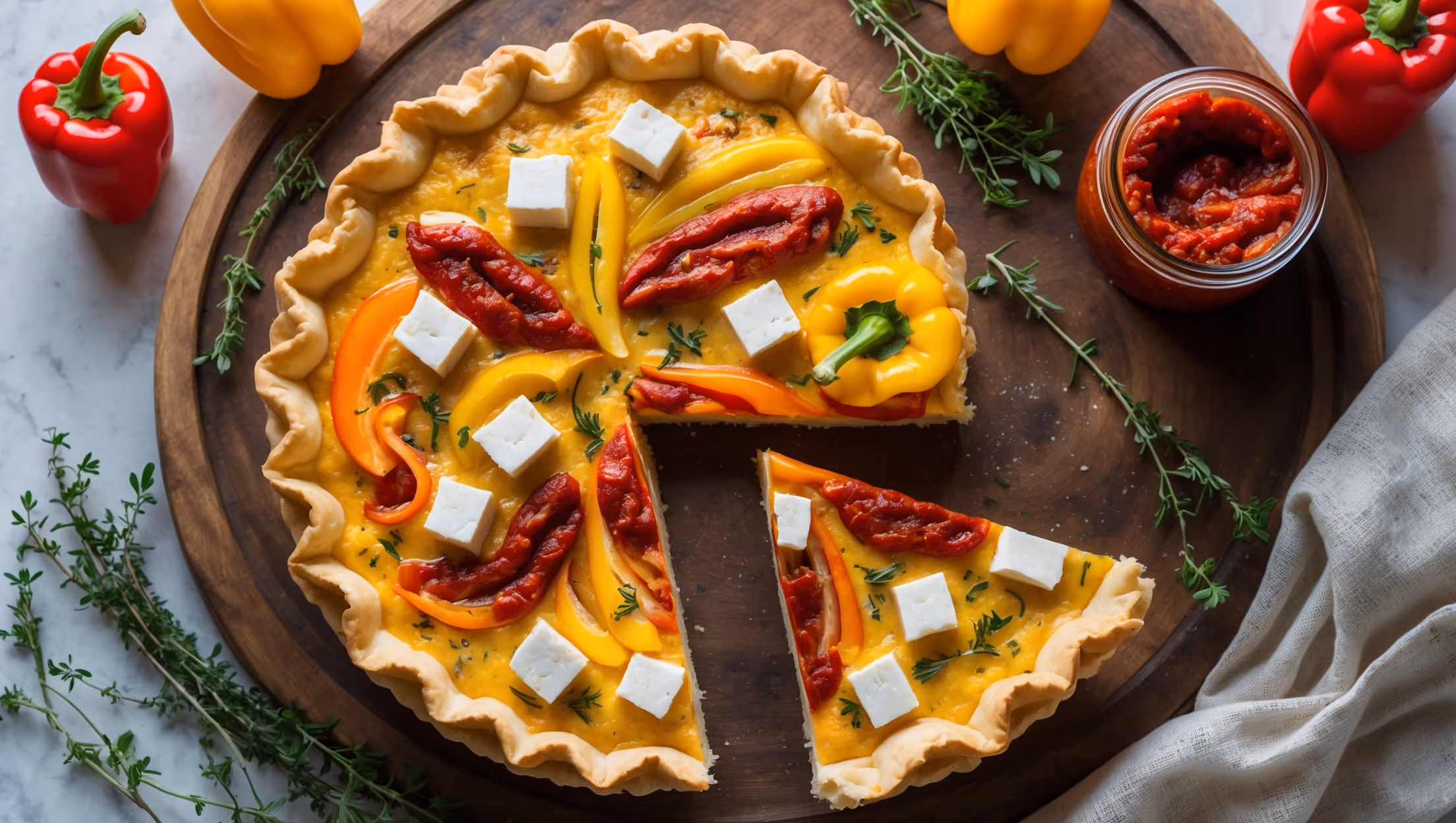 An overhead shot of the golden-brown Balkan quiche, its surface glistening with a hint of olive oil and showcasing vibrant red ajvar swirls against yellow bell peppers and white feta chunks. A slice has been removed to reveal the perfectly set savory custard filling studded with colorful peppers and herbs. Captured in warm, natural light on a rustic wooden board with fresh thyme sprigs, whole peppers, and a small jar of ajvar arranged artfully alongside. The crust appears perfectly crisp with visible flaky layers, while the cross-section highlights the contrast between the buttery pastry and the rich, colorful Balkan-inspired filling.