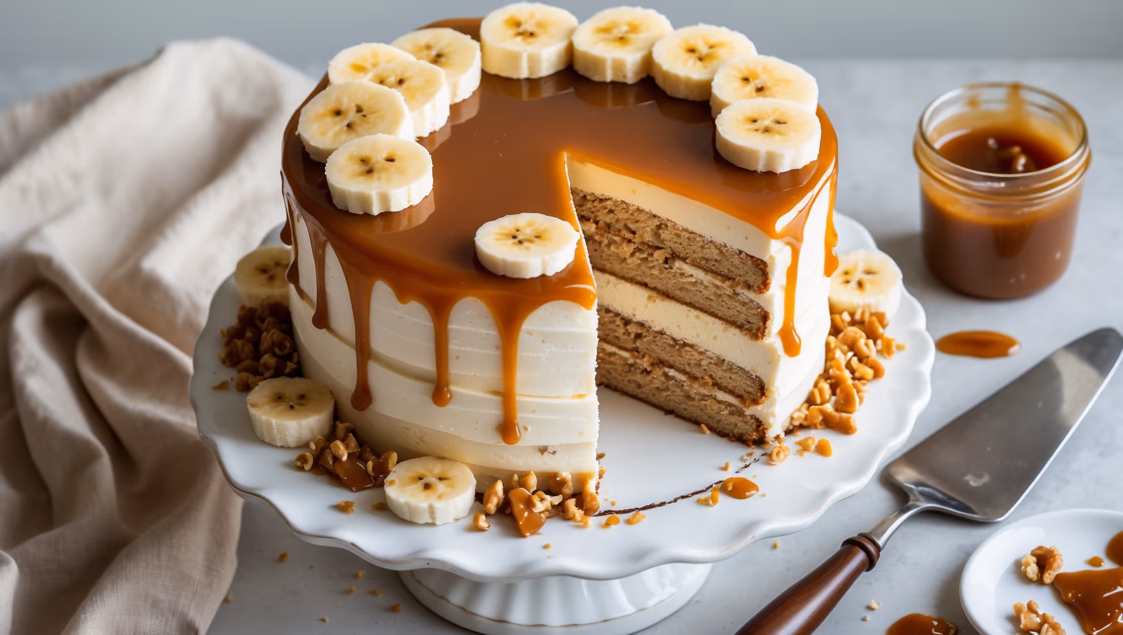 An overhead shot of a three-layer banana caramel cake on a white ceramic cake stand against a neutral linen backdrop. Soft natural light highlights the glossy caramel drizzle cascading elegantly down the sides of the cream-colored frosting. A cross-section view reveals moist banana cake layers separated by rich caramel-infused cream cheese frosting. Scattered around the base are fresh banana slices, a sprinkle of chopped walnuts, and caramel shards for texture contrast. A vintage cake server rests nearby, poised to cut through the first slice, while a small jar of extra caramel sauce sits in the background, its amber tones echoing the warm golden highlights in the cake's decoration.