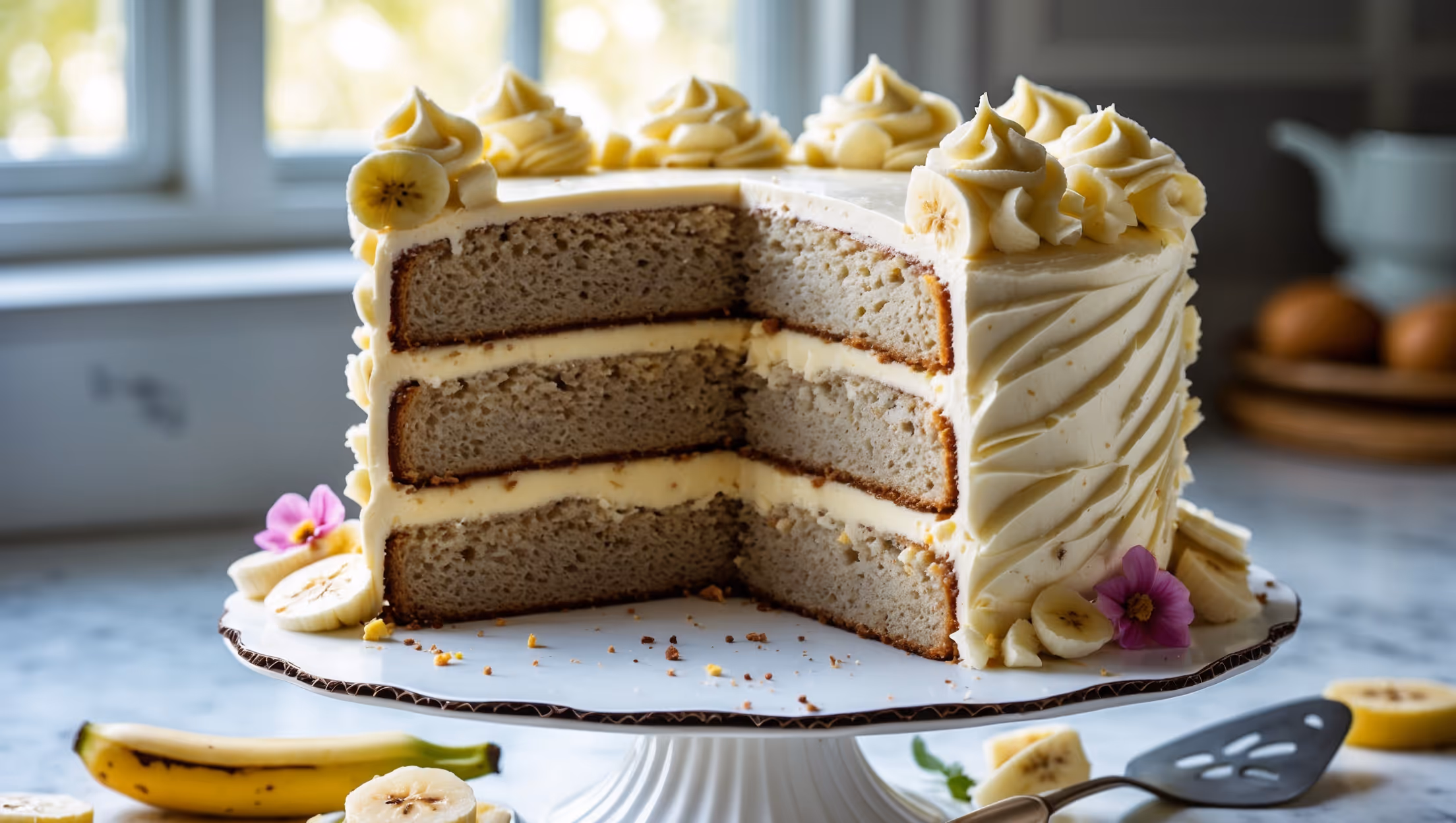 A three-layer banana cake stands proudly on a white ceramic cake stand, bathed in soft natural light streaming through a kitchen window. The cross-section reveals moist, golden-brown cake layers speckled with tiny banana fragments, separated by pale yellow vanilla custard. The exterior is covered in swirls of ivory cream cheese frosting applied with artistic precision, with decorative piping around the edges and top. The slice being removed shows the perfect ratio of cake to filling, with a moist crumb that holds its shape without crumbling. Scattered around the base are a few fresh banana slices and edible flowers, while a vintage cake server rests nearby, ready to serve this homestyle classic.