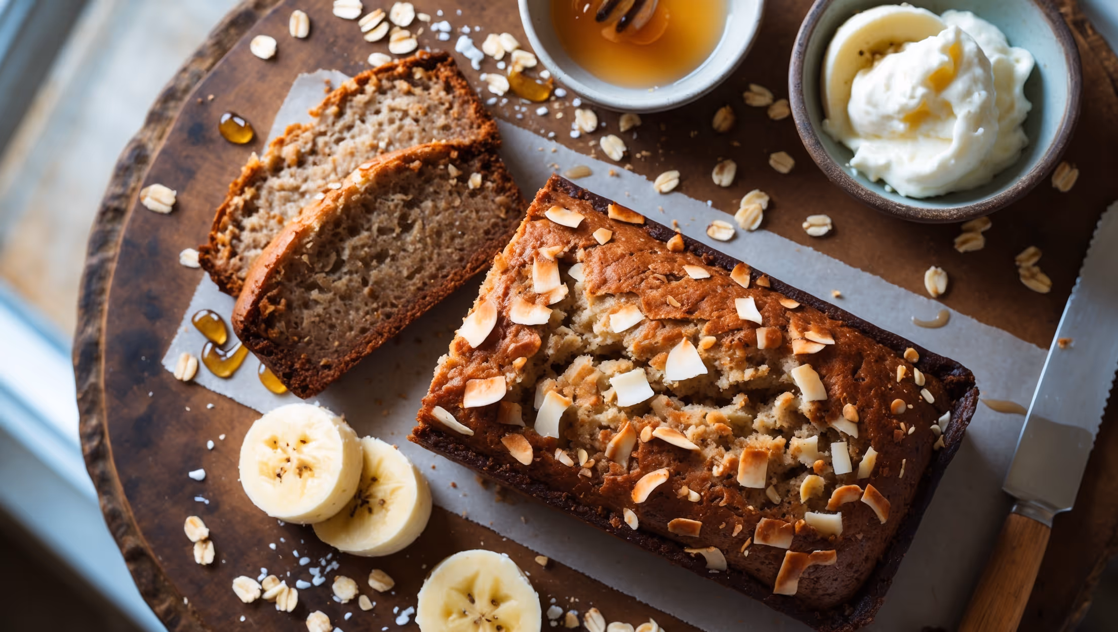 An overhead shot of a rustic Banana Coconut Oat Loaf with one slice pulled slightly away, revealing its moist, speckled interior studded with banana chunks and coconut flakes. The loaf rests on a weathered wooden board, dusted with a light sprinkle of oats and coconut flakes, while a drizzle of honey catches the soft natural light streaming through a kitchen window. A small dish of whipped coconut cream sits alongside with a butter knife, and a few fresh banana slices and a scattering of toasted coconut complete the homey styling. The golden-brown crust contrasts beautifully with the warm caramel tones of the interior, highlighting the cake's perfect bake and wholesome ingredients.