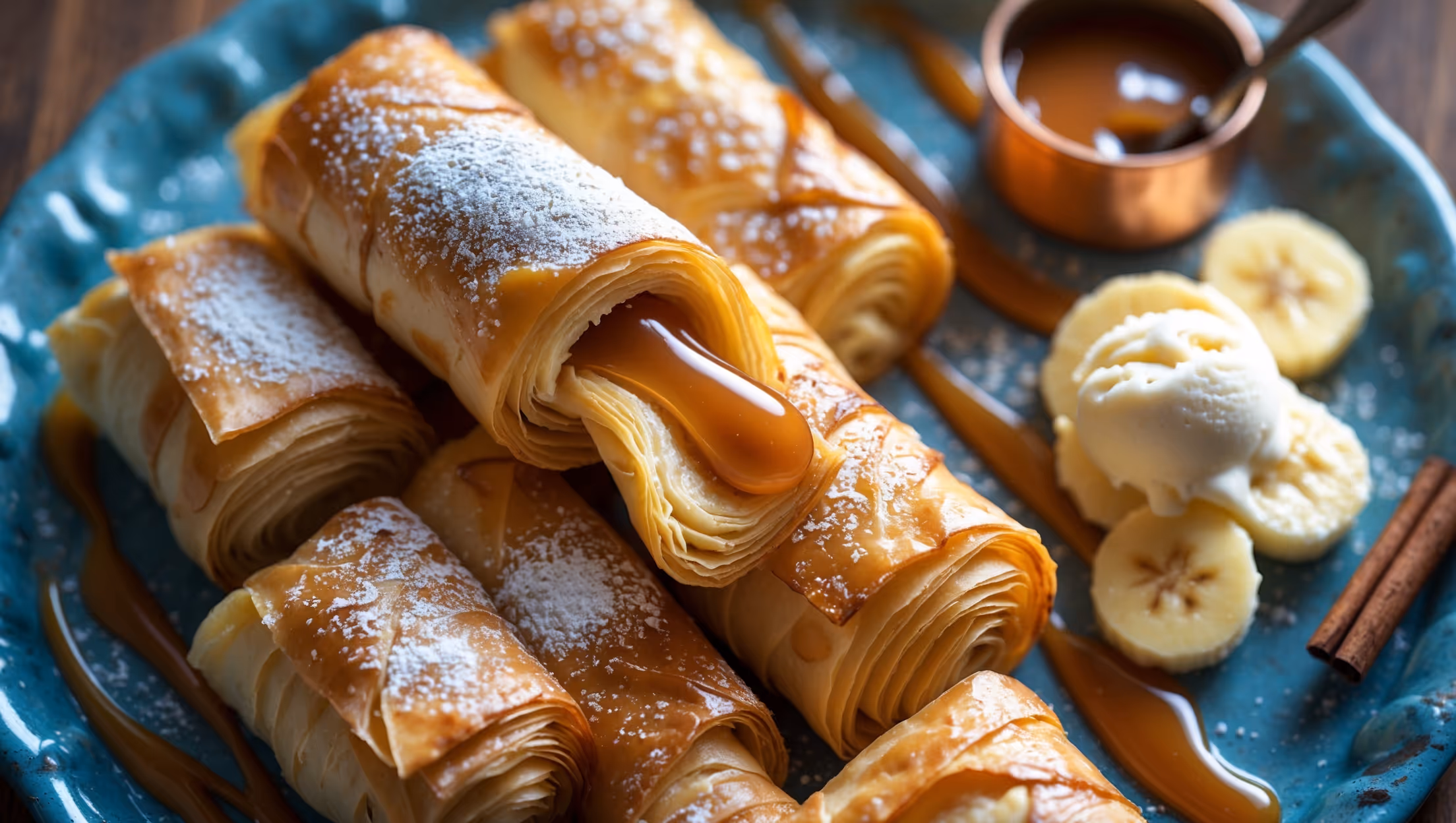 An overhead shot of golden-brown phyllo rolls arranged on a vintage blue ceramic platter, with one roll cut open to reveal the luscious banana caramel filling oozing slightly. Soft natural light highlights the flaky, shatteringly crisp layers of pastry, while a light dusting of powdered sugar adds contrast against the amber-hued caramel drizzle zigzagging across the arrangement. In the background, a small copper pot of extra caramel sauce sits alongside scattered cinnamon sticks and sliced bananas, creating a warm color palette of golds, browns, and creams. A scoop of vanilla ice cream is melting gently beside the cut roll, emphasizing the dessert's warm-meets-cold serving suggestion.