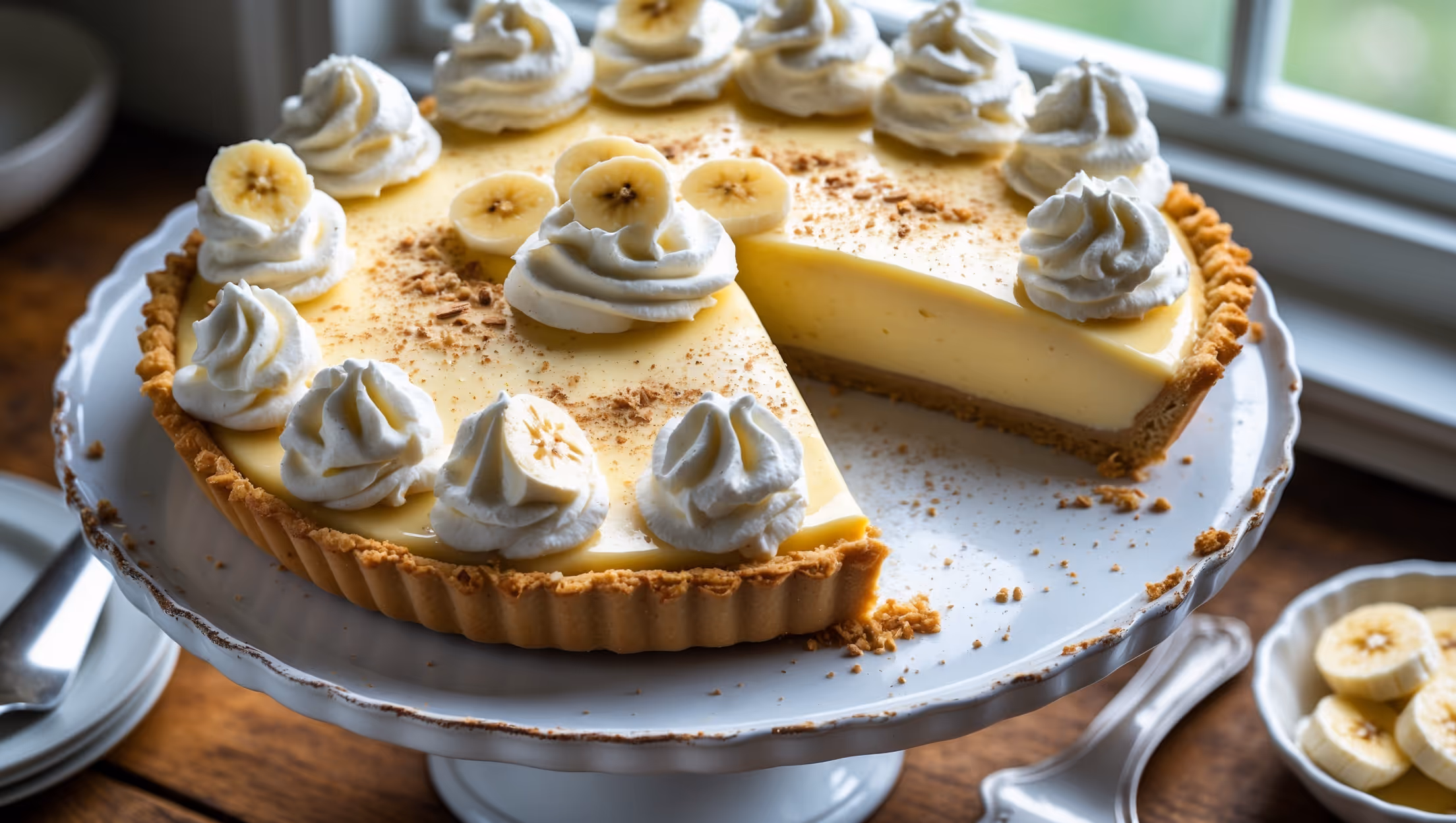An overhead shot of a perfectly sliced banana cream pie on a vintage white ceramic cake stand, captured in soft natural light streaming through a kitchen window. The golden, flaky pastry crust contrasts beautifully with the pale yellow banana custard filling, topped with swirls of cloud-like whipped cream that peak elegantly. Fresh banana slices and a light dusting of grated nutmeg decorate the surface, while a few scattered vanilla bean specks are visible in the cream. A slice has been removed, revealing distinct layers of crust, banana slices, and velvety custard. The pie sits on a rustic wooden table alongside a vintage silver pie server and a small bowl of additional fresh banana slices.