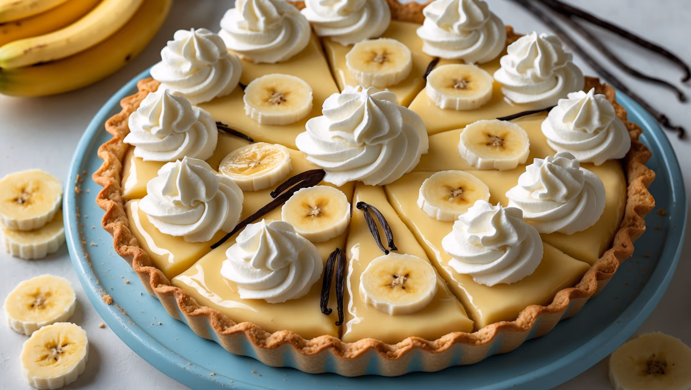 An overhead shot of a golden-brown, perfectly crimped pie crust filled with velvety banana custard and topped with pillowy whipped cream swirls. The cross-section reveals distinct layers - crisp pastry, creamy yellow custard studded with banana slices, and fluffy white cream. Captured in soft natural light on a vintage blue cake stand, the pie is garnished with thin banana slices and vanilla bean specks. Several whole bananas and vanilla pods are artfully arranged nearby, creating a warm, inviting composition that highlights the pie's luscious texture and comforting appeal.