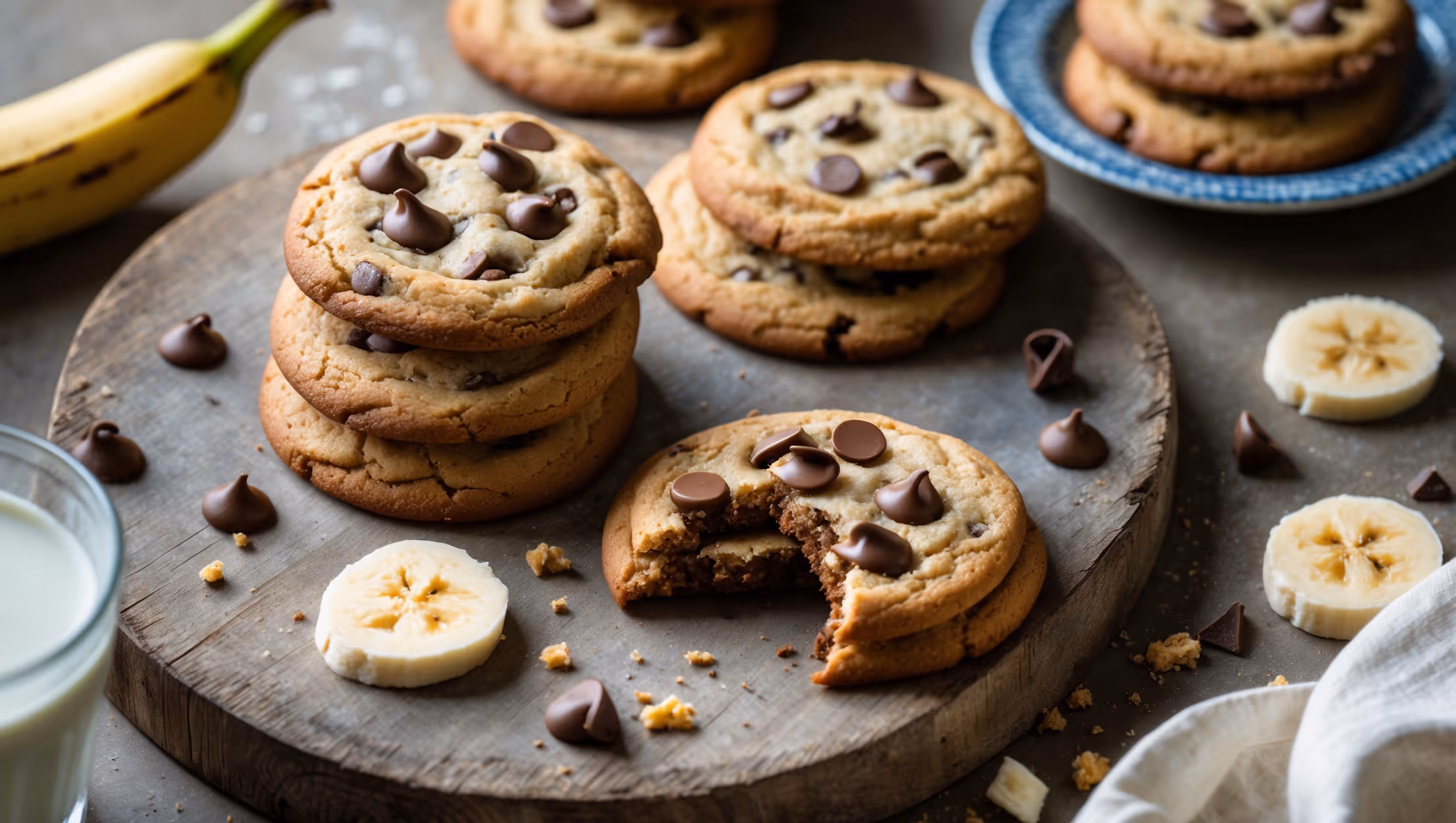 An overhead shot showcases a rustic wooden board with a stack of golden-brown banana chocolate chip cookies, some whole and one broken in half to reveal the melty chocolate chips and moist interior. Soft natural light streams in from the side, highlighting the slightly crisp edges and tender centers. Scattered around the board are chocolate chunks, a few banana slices, and crumbs that hint at the cookies' texture. A vintage blue ceramic plate holds additional cookies in the background, while a glass of milk sits nearby, creating a cozy, inviting scene that emphasizes the homemade comfort of these banana-infused treats.