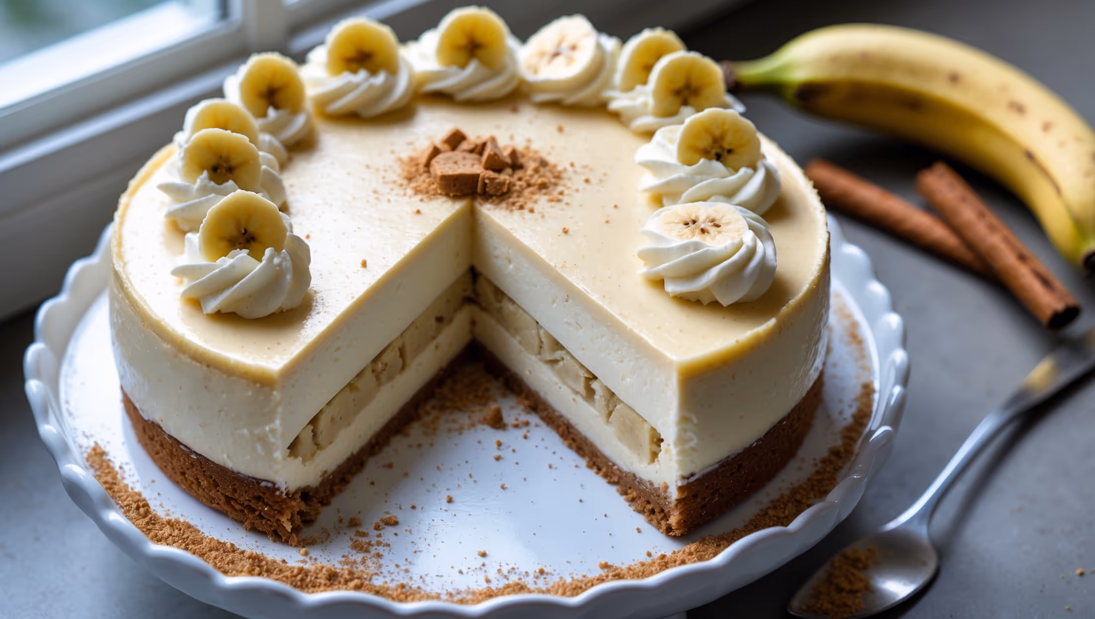 An overhead shot of a perfectly sliced Banana Cream Cheesecake on a white ceramic cake stand, revealing its distinct three layers - the golden graham cracker crust, creamy vanilla cheesecake center, and banana custard topping. Natural window light highlights the silky smooth texture of the custard and the delicate swirls of whipped cream piped around the edge. A fresh banana slice and a sprinkle of crushed graham crackers garnish each serving, while a whole banana and cinnamon stick rest artfully beside the cake. The cross-section view showcases the well-defined layers and tiny flecks of real banana throughout the custard, all captured with a shallow depth of field that emphasizes the dessert's luscious texture.