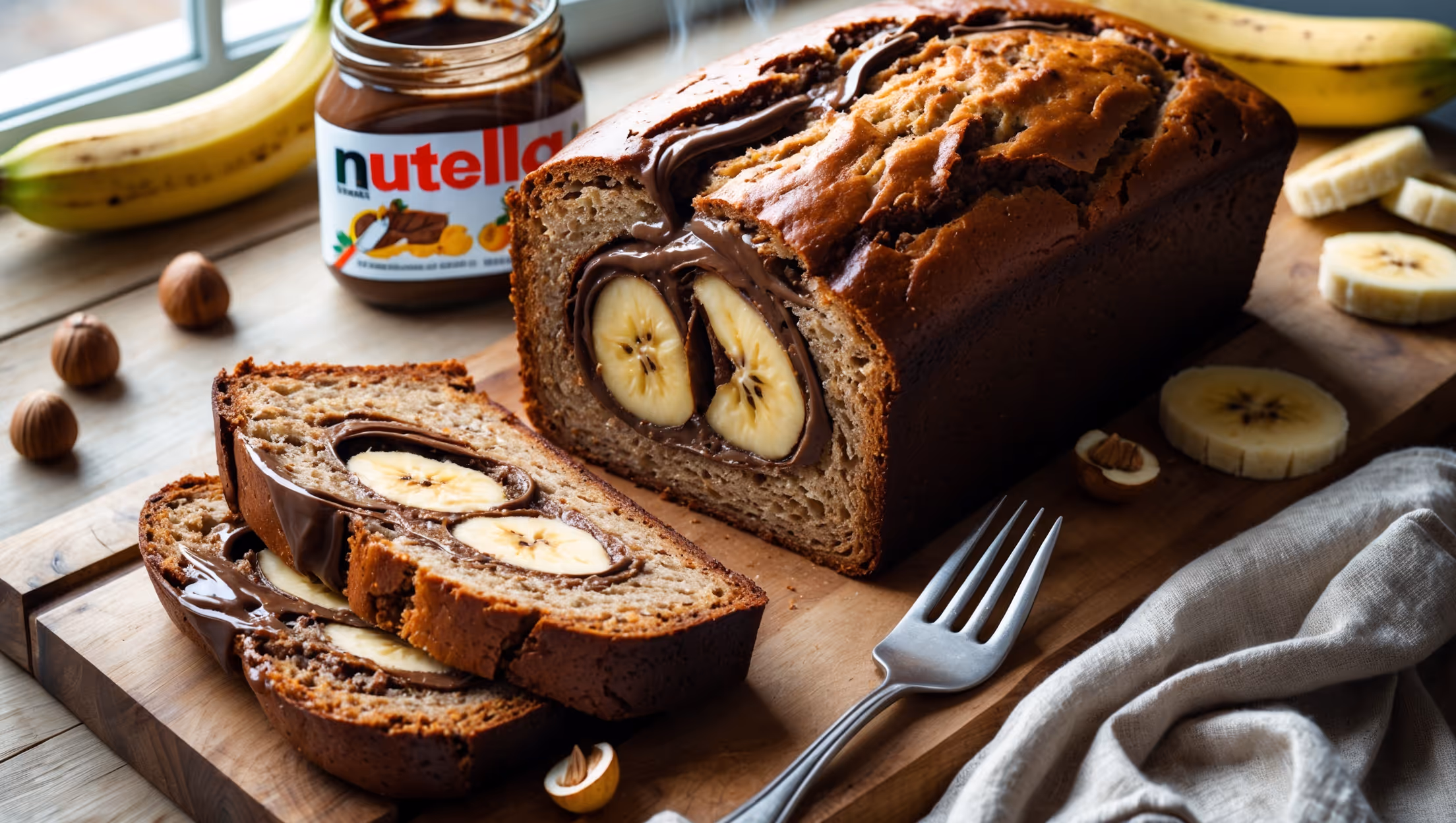 An overhead shot of a rustic loaf of Banana Nutella Bread on a wooden cutting board, with one thick slice cut to reveal the stunning marbled interior where ribbons of glossy Nutella weave through the moist, golden-brown banana bread. The cross-section showcases flecks of mashed banana throughout the tender crumb, while the top crust has a slightly caramelized appearance with subtle cracks. Photographed in soft natural light streaming through a kitchen window, the scene includes scattered fresh banana slices, a small jar of Nutella with a spoon resting against it, and a few hazelnuts artfully arranged nearby. A linen napkin and vintage cake fork complete the styling, with steam rising subtly from a freshly cut slice suggesting its warmth.