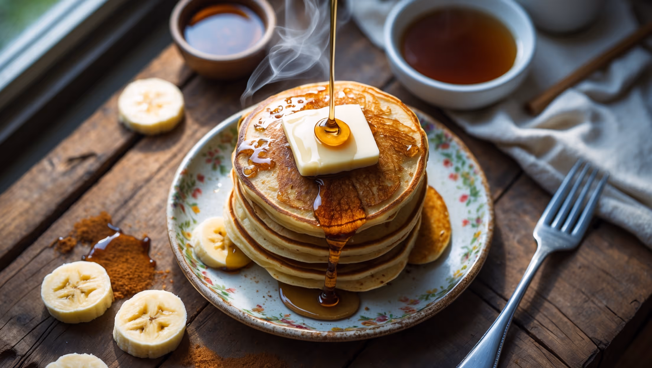 An overhead shot of a rustic wooden table featuring a stack of three golden-brown banana pancakes on a vintage ceramic plate. A pat of melting butter sits atop the stack, with pure maple syrup cascading down the sides. Natural light streams in from a nearby window, highlighting the caramelized banana pieces visible throughout the pancakes' soft texture. Scattered around the plate are fresh banana slices, a small bowl of additional maple syrup, and a sprinkle of cinnamon. The composition captures steam rising from the warm pancakes, suggesting they're freshly made, while a fork rests nearby ready to dig in.