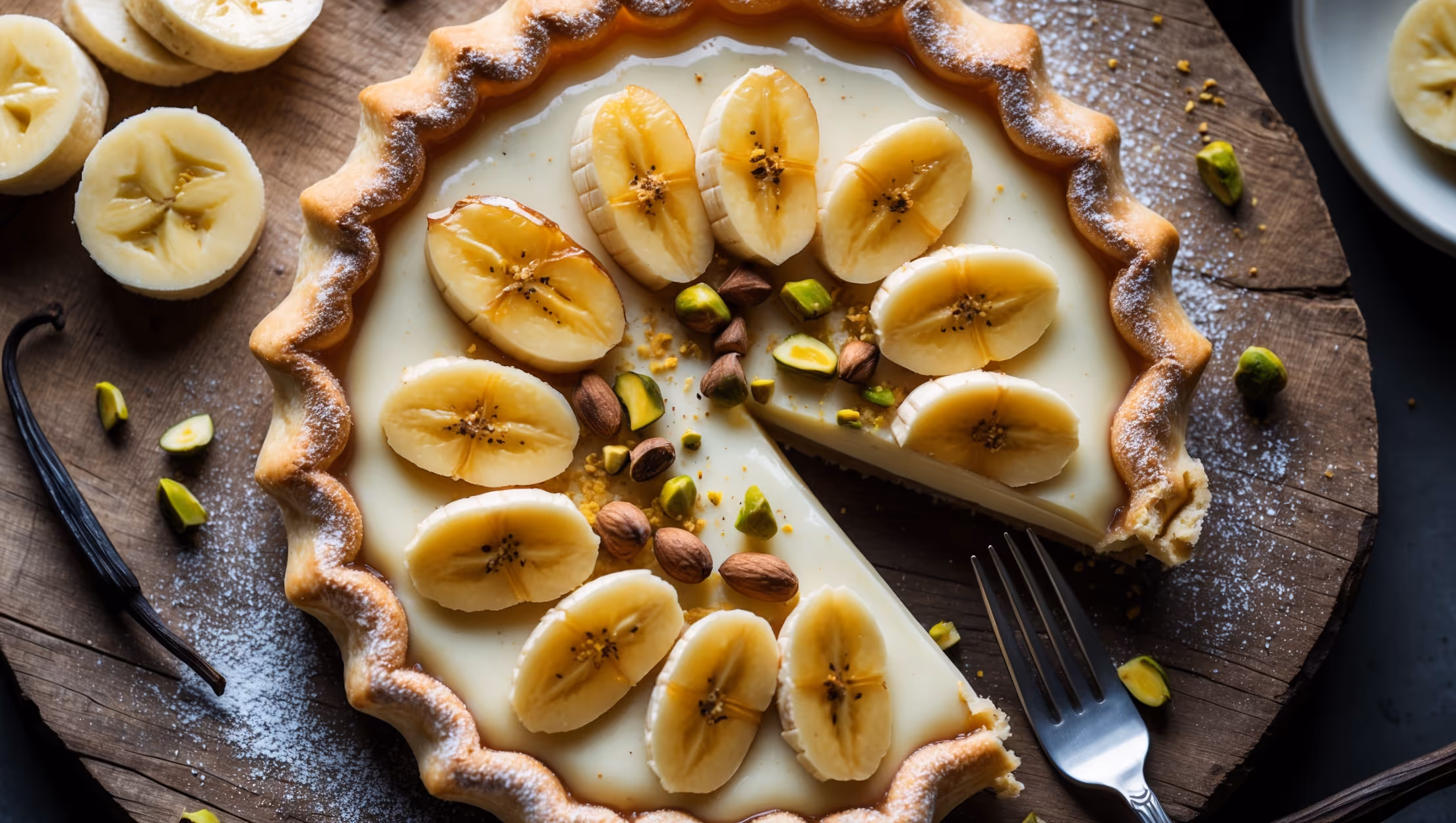 Overhead shot of a golden-brown tart with a perfectly crimped edge, the surface adorned with beautifully caramelized banana slices arranged in a spiral pattern atop a glossy vanilla custard. Soft natural lighting highlights the contrast between the crisp pastry shell and the creamy filling, while a dusting of powdered sugar adds dimension. The tart is presented on a rustic wooden serving board with fresh banana slices, a vanilla pod, and scattered crushed pistachios providing context and color. A slice being removed reveals the luscious layers of custard and fruit, with a fork collecting a perfect bite nearby.