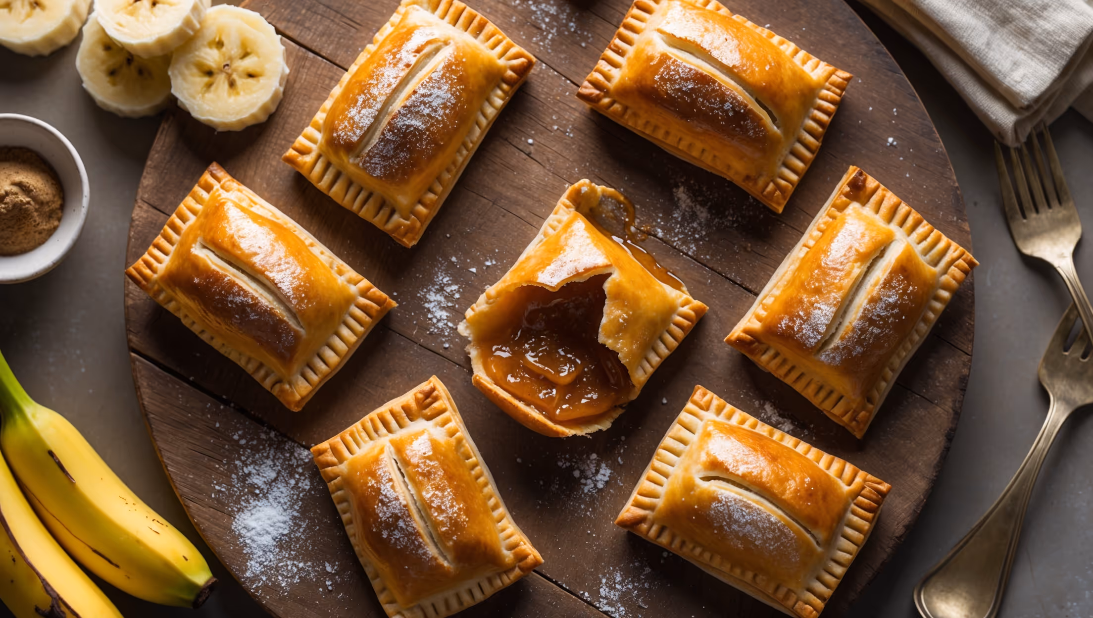 An overhead shot of six golden-brown banana hand pies arranged on a rustic wooden serving board, with one broken in half to reveal the luscious caramelized banana filling oozing slightly. The pastry showcases a perfect flaky texture with visible layers and a sprinkle of turbinado sugar that glistens under soft natural light streaming through a kitchen window. Scattered around the board are fresh banana slices, a small bowl of cinnamon sugar, and a vintage fork. The contrast between the deep amber filling and crisp golden crust is highlighted by the hand pies' crimped edges, with a light dusting of powdered sugar adding a finishing touch to these perfectly portable treats.