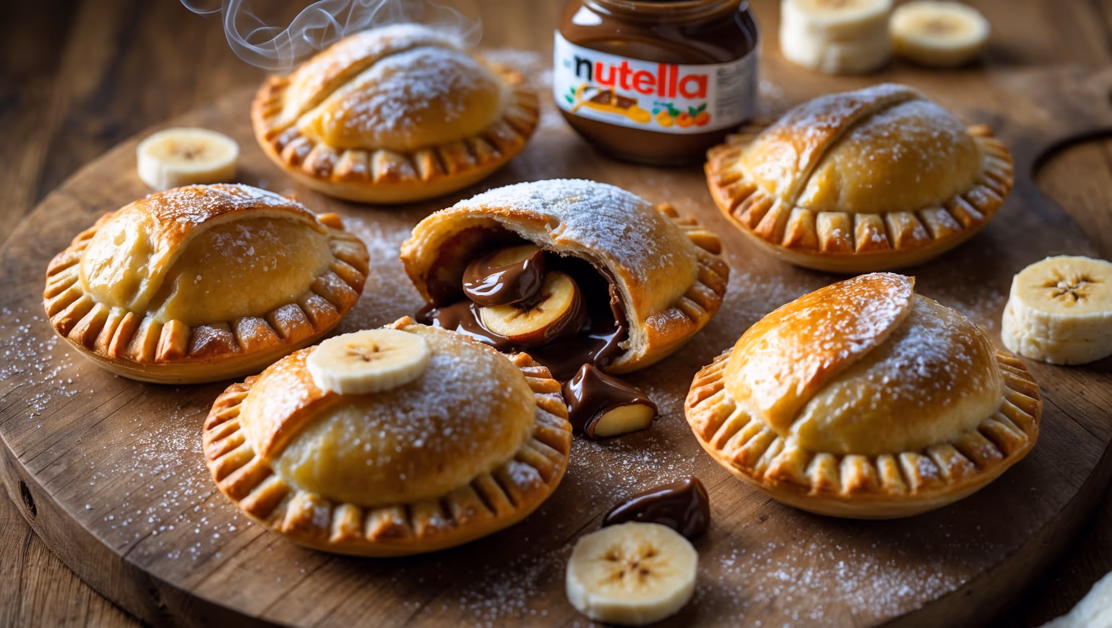 An overhead shot of golden-brown hand pies arranged on a rustic wooden board, with one broken open to reveal the molten Nutella and caramelized banana filling oozing slightly. Shot in warm natural light that highlights the flaky pastry layers and sugar-crusted edges that sparkle subtly. A light dusting of powdered sugar creates beautiful contrast against the dark filling, while fresh banana slices and a small jar of Nutella sit artfully in the background, hinting at the key ingredients. The steam rising from the freshly baked pies suggests their warmth, with the rich chocolate-hazelnut aroma almost palpable through the image.