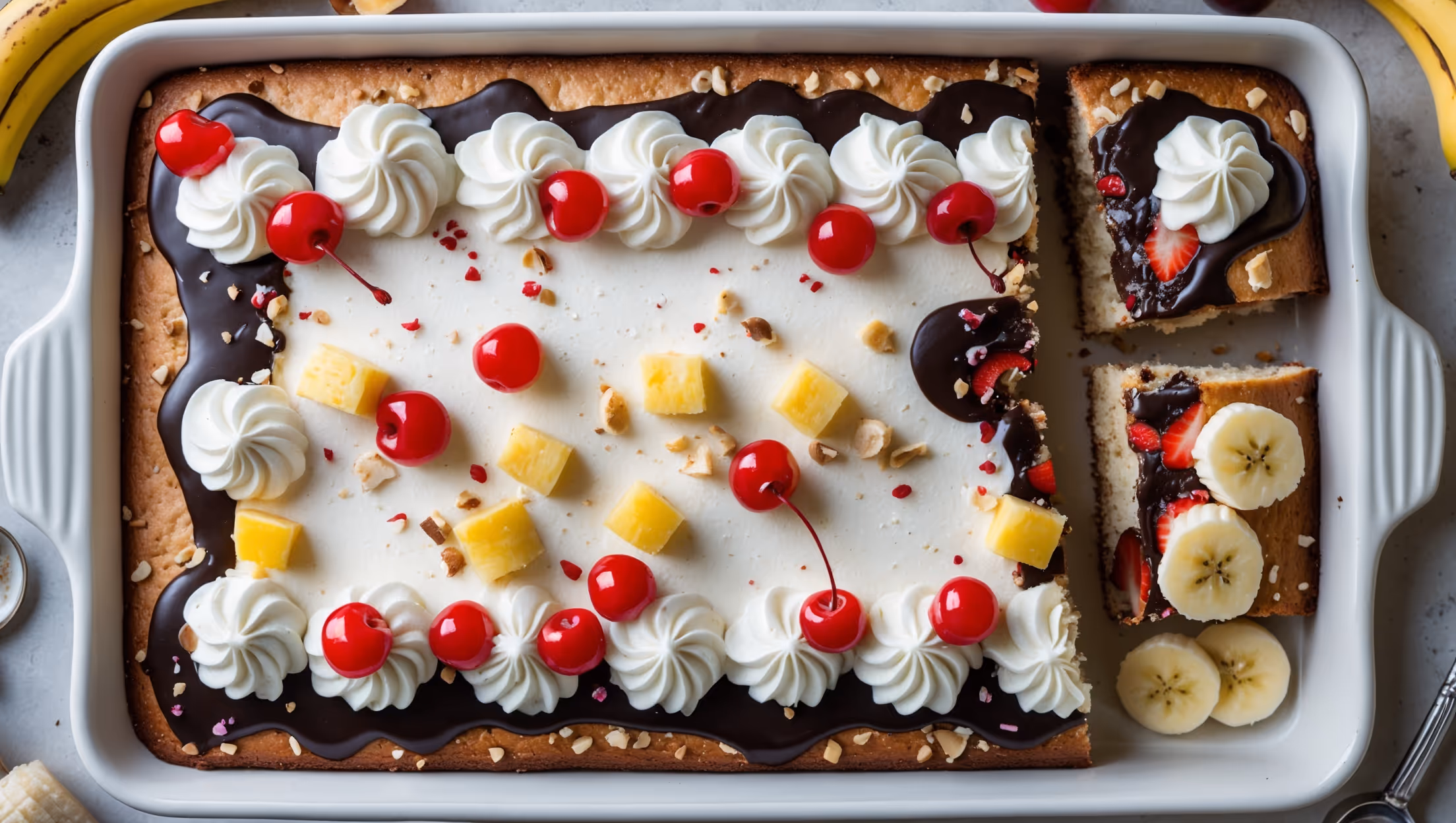 An overhead shot of the rectangular Banana Split Sheet Cake on a large white ceramic platter, the golden-brown surface partially covered with swirls of fluffy white vanilla frosting. Glossy chocolate ganache drizzles dramatically across the frosting, creating beautiful contrast against scattered diced strawberries and pineapple chunks. A corner slice has been removed, revealing the cake's moist, banana-speckled interior. Sprinkled maraschino cherries add vibrant red pops of color while chopped nuts create texture around the edges. The scene is bathed in soft natural light from a nearby window, with a vintage ice cream scoop and fresh banana slices artfully arranged alongside the cake, hinting at its ice cream parlor inspiration.