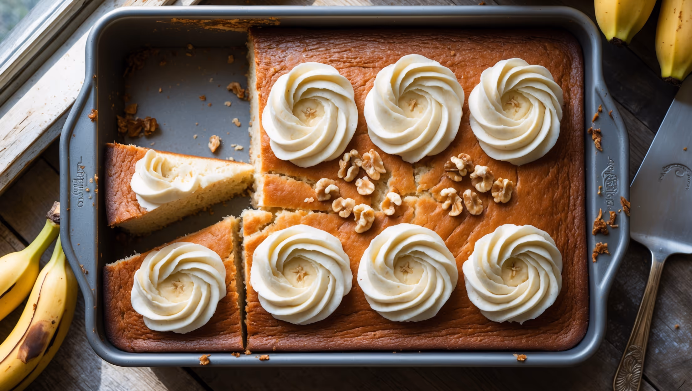 An overhead shot of a golden-brown banana sheet cake in a rectangular pan, with swirls of velvety cream cheese frosting creating beautiful patterns across the top. A slice has been cut to reveal the cake's moist, tender crumb speckled with tiny flecks of banana. Natural light streams in from a nearby window, highlighting the slight sheen of the frosting and the sprinkle of chopped walnuts decorating one corner. A small bunch of fresh bananas and a vintage cake server rest beside the pan on a weathered wooden table, suggesting homemade comfort and warmth.