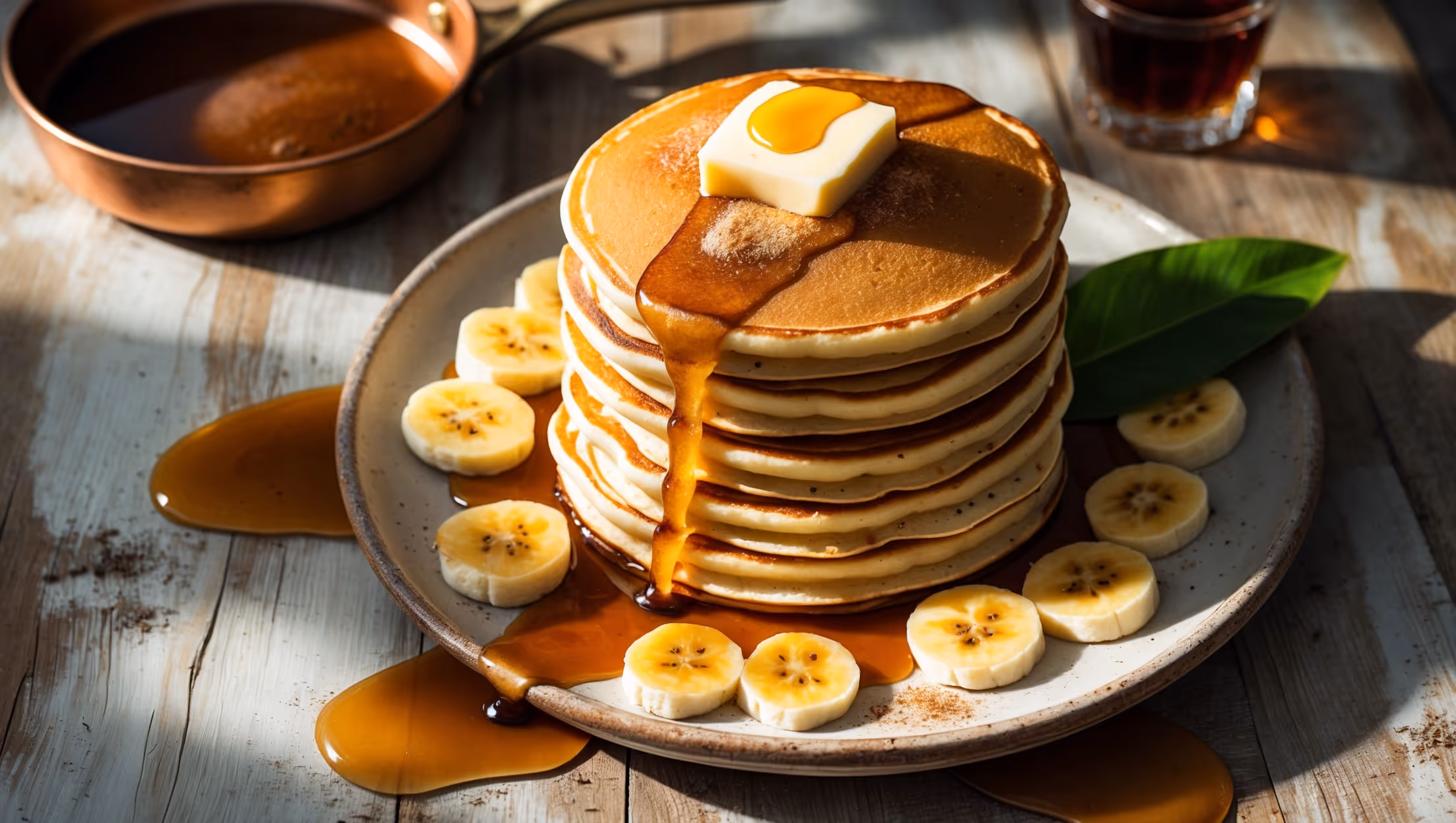 An overhead shot of a towering stack of golden-brown pancakes on a rustic ceramic plate, with caramelized banana slices cascading down the sides. A glossy, amber-colored rum sauce pools around the base and drips enticingly over the edges. Soft natural light streams in from the side, highlighting the glistening caramelized sugar crystals and creating shadows that emphasize the pancakes' fluffy texture. A pat of melting butter crowns the stack, while a sprinkle of cinnamon and a fresh banana leaf garnish add color contrast. In the background, a vintage copper pan with remaining sauce and a small glass of dark rum hint at the cooking process, all arranged on a distressed wooden table that adds warmth to the composition.