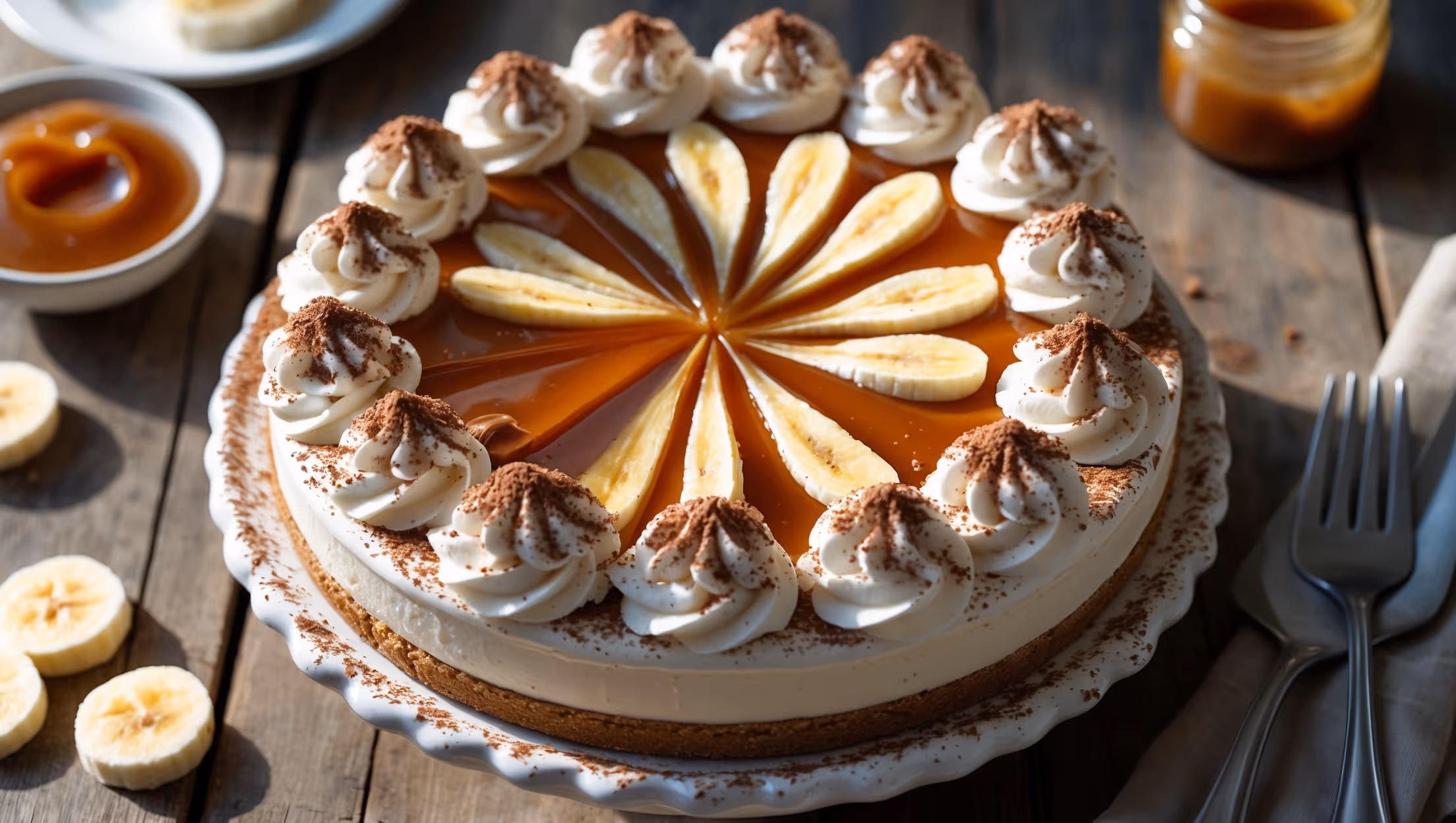 An overhead shot of a perfectly sliced Banoffee Pie on a vintage white ceramic cake stand, revealing distinct golden-brown biscuit base, amber-colored toffee layer, neat rows of banana slices, and pillowy whipped cream swirls dusted with cocoa powder and chocolate shavings. Soft natural light streams across the scene, highlighting the glossy toffee and creating gentle shadows that emphasize the pie's multiple textures. The surrounding setup features scattered banana slices, a small jar of caramel, and a rustic wooden table that adds warmth to the composition, while a silver dessert fork rests alongside, ready for the first heavenly bite.