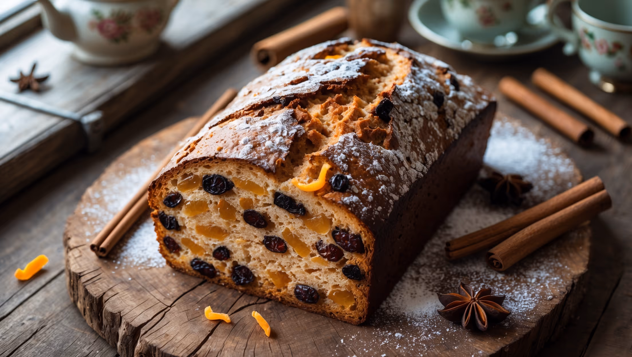 An overhead shot of a thick slice of rustic Barrel-Aged Sourdough Discard Tea Bread on a weathered wooden board, revealing a moist, golden-brown crumb studded with plump raisins and citrus peel. Natural light streams in from a nearby window, highlighting the bread's caramelized crust and subtle sheen from the whiskey glaze. In the background, a vintage teapot and cup sit alongside scattered cinnamon sticks and star anise, while the loaf itself shows a perfect cross-section view exposing the tender, aromatic interior with its even distribution of fruits. A light dusting of powdered sugar adds a delicate finishing touch against the deep amber hues of the bread.