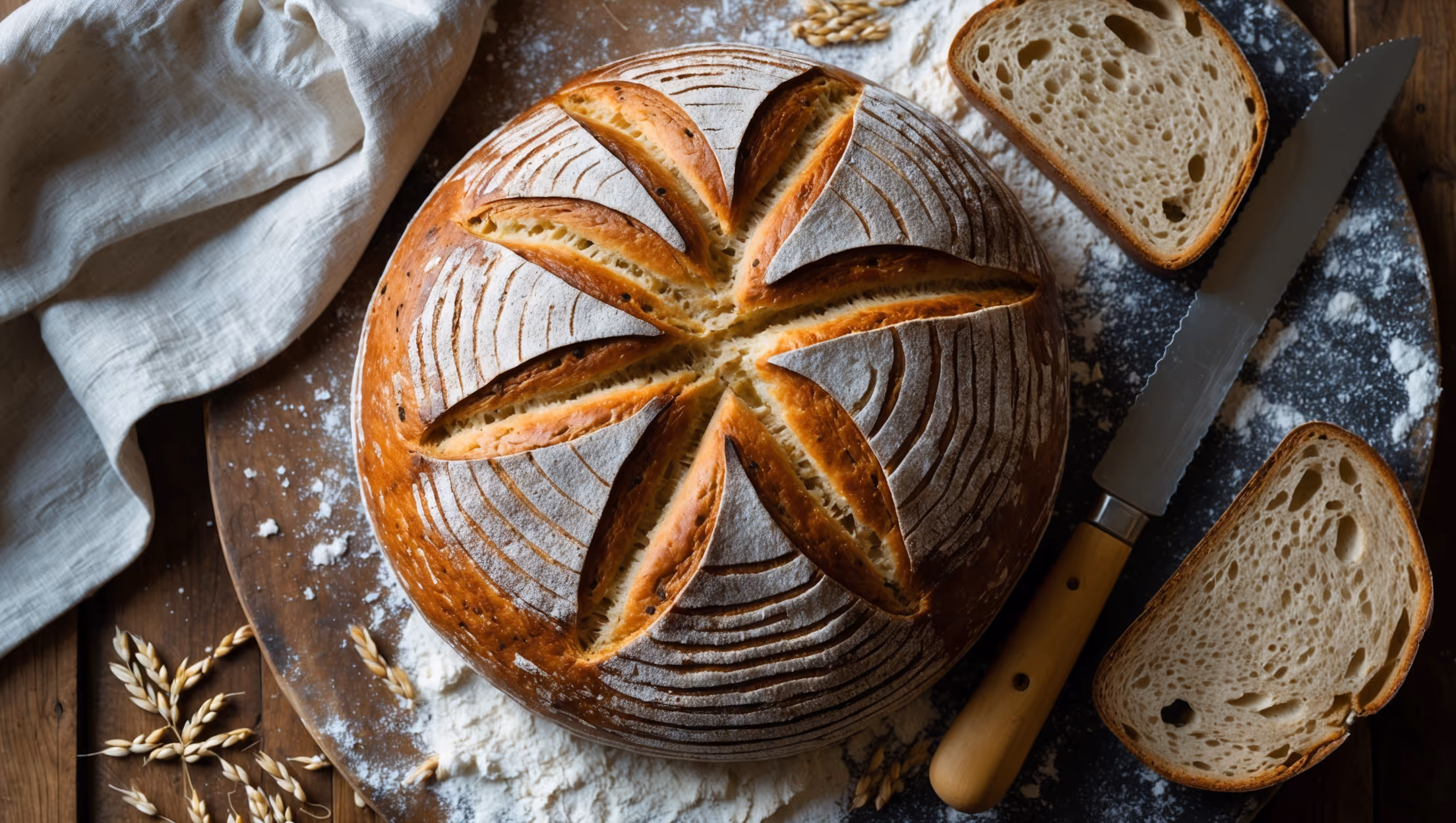 An overhead shot of a rustic round loaf of barley flour bread with a beautifully scored top, displaying its golden-brown crust with slight crackling. The cross-section view reveals a tender, slightly dense crumb with subtle flecks of barley visible throughout. The bread sits on a weathered wooden board dusted with flour, accompanied by a linen cloth and scattered barley grains. Natural window light highlights the bread's textural details while casting gentle shadows that emphasize its artisanal quality. A bread knife rests nearby, and one thick slice has been cut to showcase the bread's hearty interior structure and nutty color variations.