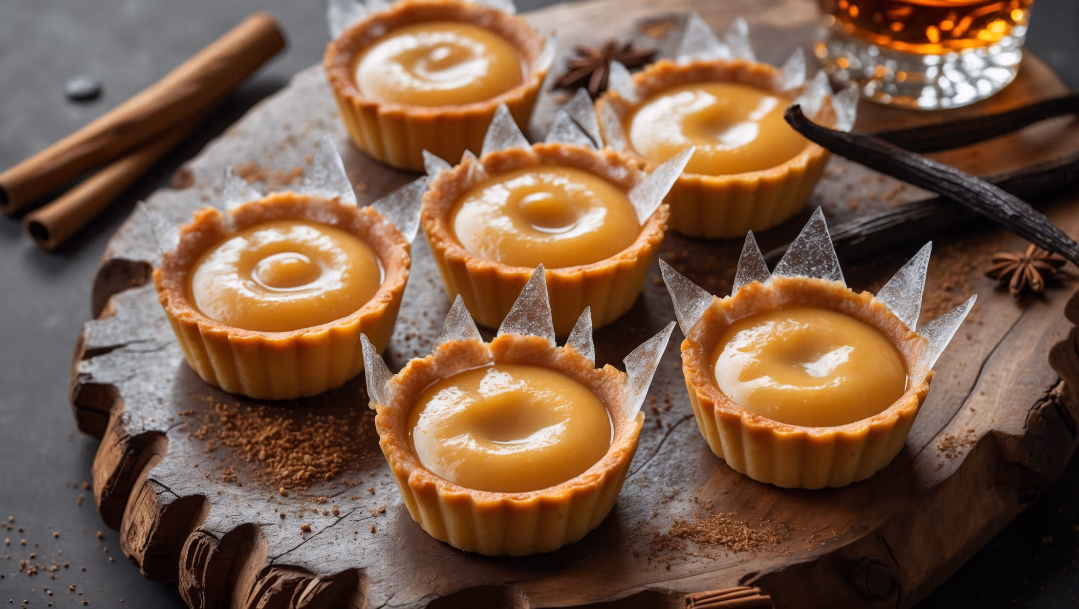 Overhead shot of six golden-brown custard tarts arranged on a weathered oak serving board reminiscent of whiskey barrel staves. The custards gleam with a satiny finish in warm amber tones, each crowned with dramatic architectural sugar shards that catch the soft natural light, creating prismatic reflections. A close-up reveals the perfect knife-clean cut exposing the luscious, vanilla-speckled custard with subtle whiskey notes. In the background, rustic elements including cinnamon sticks, vanilla pods, and a half-filled crystal tumbler of barrel-aged whiskey create context and depth. The styling is sophisticated yet approachable, with sprinklings of demerara sugar and cocoa adding texture and dimension to the composition.