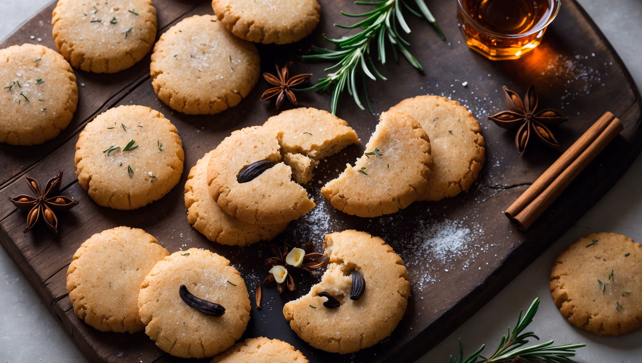 An overhead shot of perfectly golden-brown cookies arranged on a weathered oak board, with soft natural light highlighting their crumbly, sandy texture. A cross-section view reveals delicate flecks of vanilla bean and dried herbs throughout. In the background, sprigs of fresh rosemary, star anise, and cinnamon sticks are artfully scattered alongside a small glass of amber bourbon. One cookie is broken in half, exposing its tender, buttery crumb with visible aromatic specks, while a light dusting of raw sugar creates a subtle sparkle across the tops.