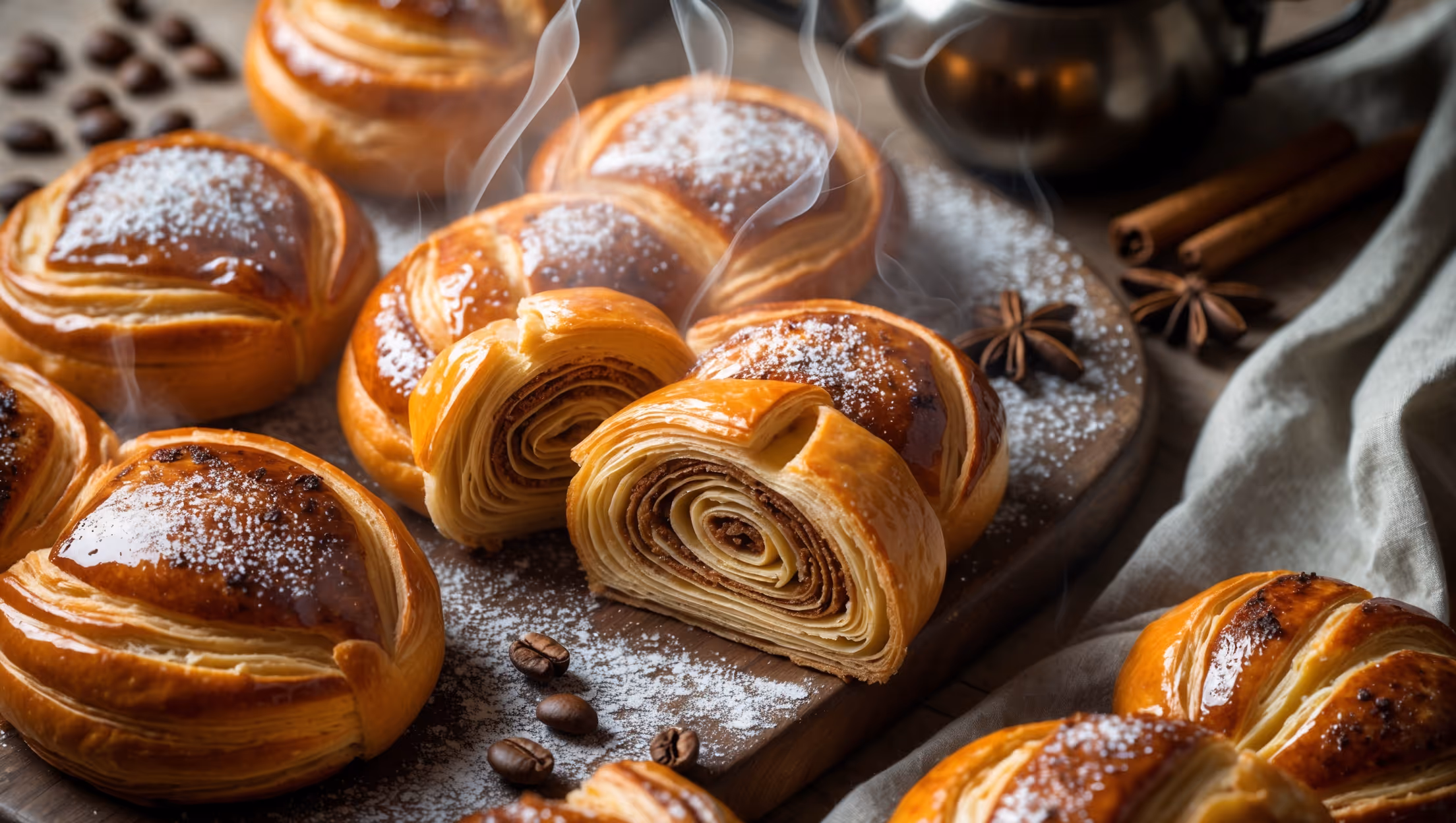 An overhead shot captures the glossy, golden-brown Danish pastries arranged on a rustic wooden board, with soft natural light highlighting their flaky, layered texture. A cross-section view reveals delicate laminated dough with visible ribbons of spices and tiny flecks of ground coffee beans throughout. Steam rises gently from a freshly-cut pastry, emphasizing its warmth and aroma. In the background, scattered coffee beans, cinnamon sticks, and star anise complement the composition, while a vintage enamel coffee pot and linen napkin add context. A light dusting of powdered sugar creates contrast against the amber-hued pastries, with a drizzle of coffee glaze adding a glossy finish that catches the light.