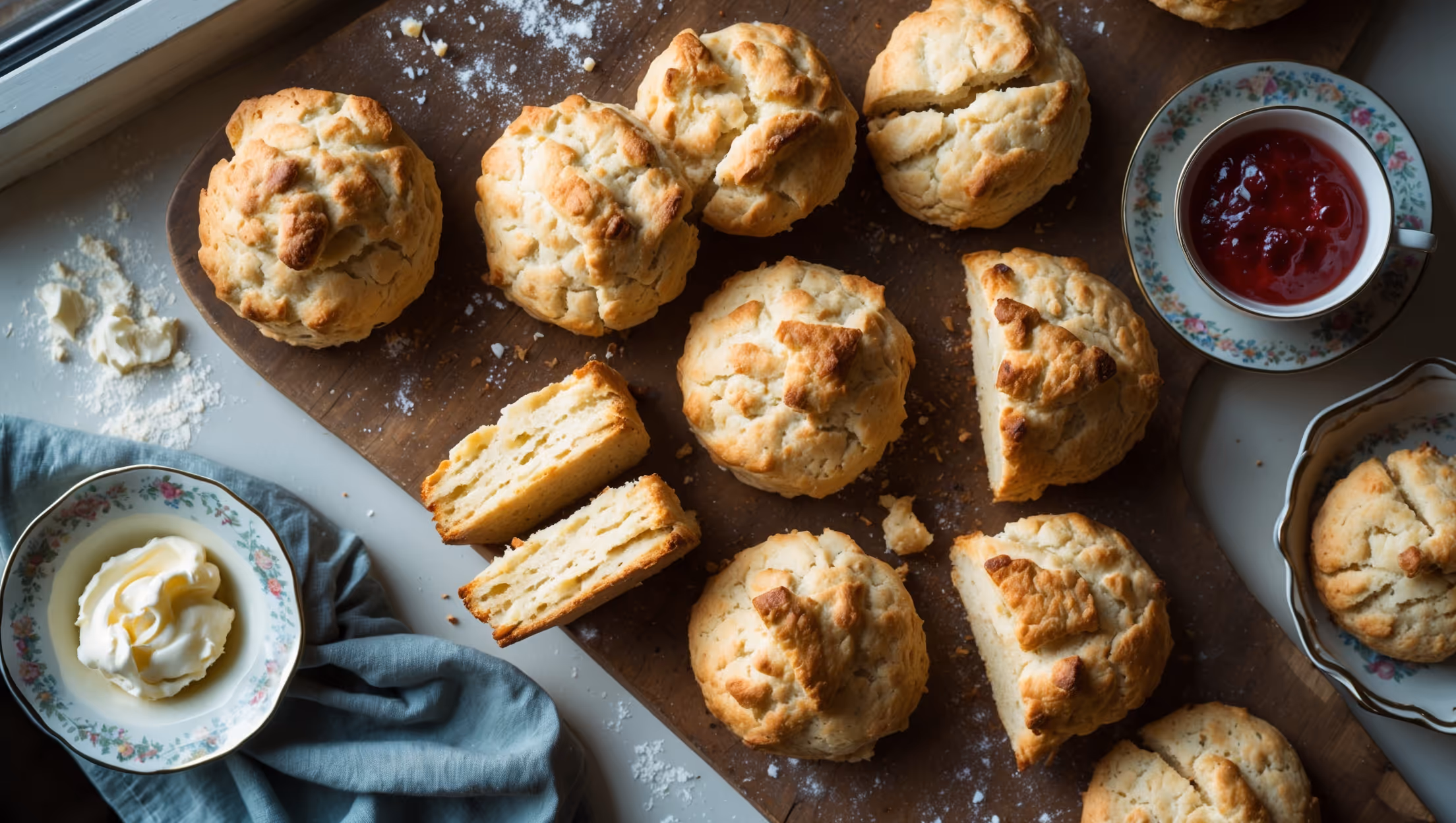 An overhead shot of freshly baked golden-brown scones arranged on a rustic wooden board, with one split open to reveal the soft, flaky interior. Shot in soft natural light streaming through a kitchen window, highlighting the crumbly texture and slightly crisp exterior. A vintage china teacup sits nearby alongside small dishes of clotted cream and strawberry jam. Scattered flour and a few crumbs add authenticity to the composition, while a linen napkin in muted blue provides subtle contrast to the warm tones of the perfectly baked scones.