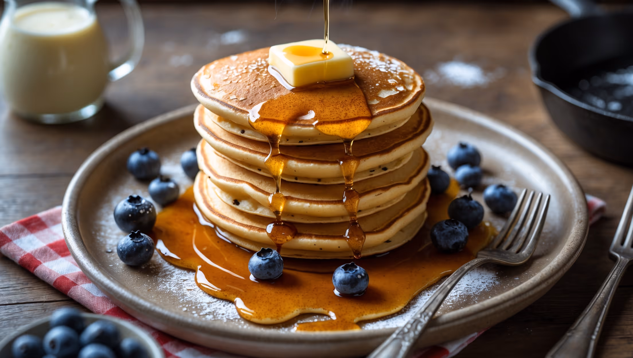 An overhead shot of a stack of three golden-brown buttermilk pancakes on a rustic ceramic plate, with melted butter pooling in the tiny air pockets on top. A stream of amber maple syrup cascades down the sides, creating glossy rivulets. Scattered fresh blueberries and a dusting of powdered sugar add vibrant color contrast against the warm pancake tones. The soft natural morning light highlights the delicate steam rising from the stack, while a vintage fork rests alongside on a gingham napkin. In the background, slightly blurred, sits a small pitcher of buttermilk and a cast-iron skillet, suggesting homemade comfort and tradition.