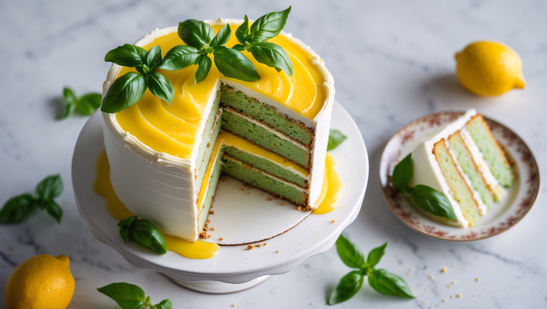 Overhead shot of a three-layer cake with vibrant yellow lemon buttercream frosting and delicate basil leaves artfully arranged on top. A cross-section reveals distinct layers of pale green basil-infused sponge separated by sunshine-yellow lemon curd. Captured in soft natural light on a white ceramic cake stand, the cake's moist crumb and creamy frosting create textural contrast. Fresh lemons and sprigs of basil scatter around the base, while a single slice on a vintage plate reveals the cake's vibrant interior striping and perfect proportions.