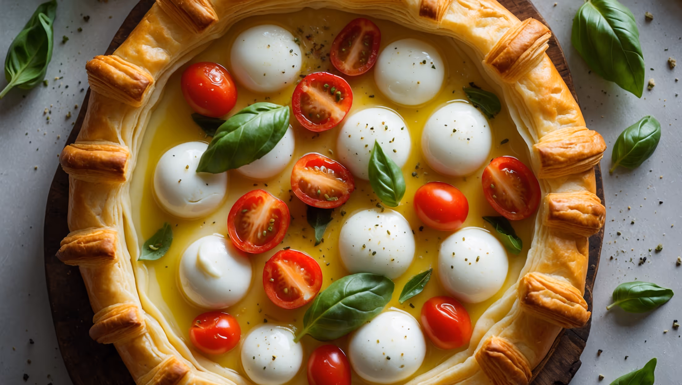 An overhead shot of the Basil and Mozzarella Tart displaying its golden puff pastry border and vibrant filling. Soft natural light highlights the contrast between the creamy custard base, glistening melted mozzarella pearls, and ruby-red cherry tomato halves. Fresh basil leaves scatter across the top, their deep green color popping against the milky cheese. The tart rests on a rustic wooden board with scattered herbs and a light dusting of black pepper visible on the surface. The edges of the pastry show perfect flaky layers that have risen and browned beautifully, while a drizzle of olive oil catches the light with a subtle sheen.