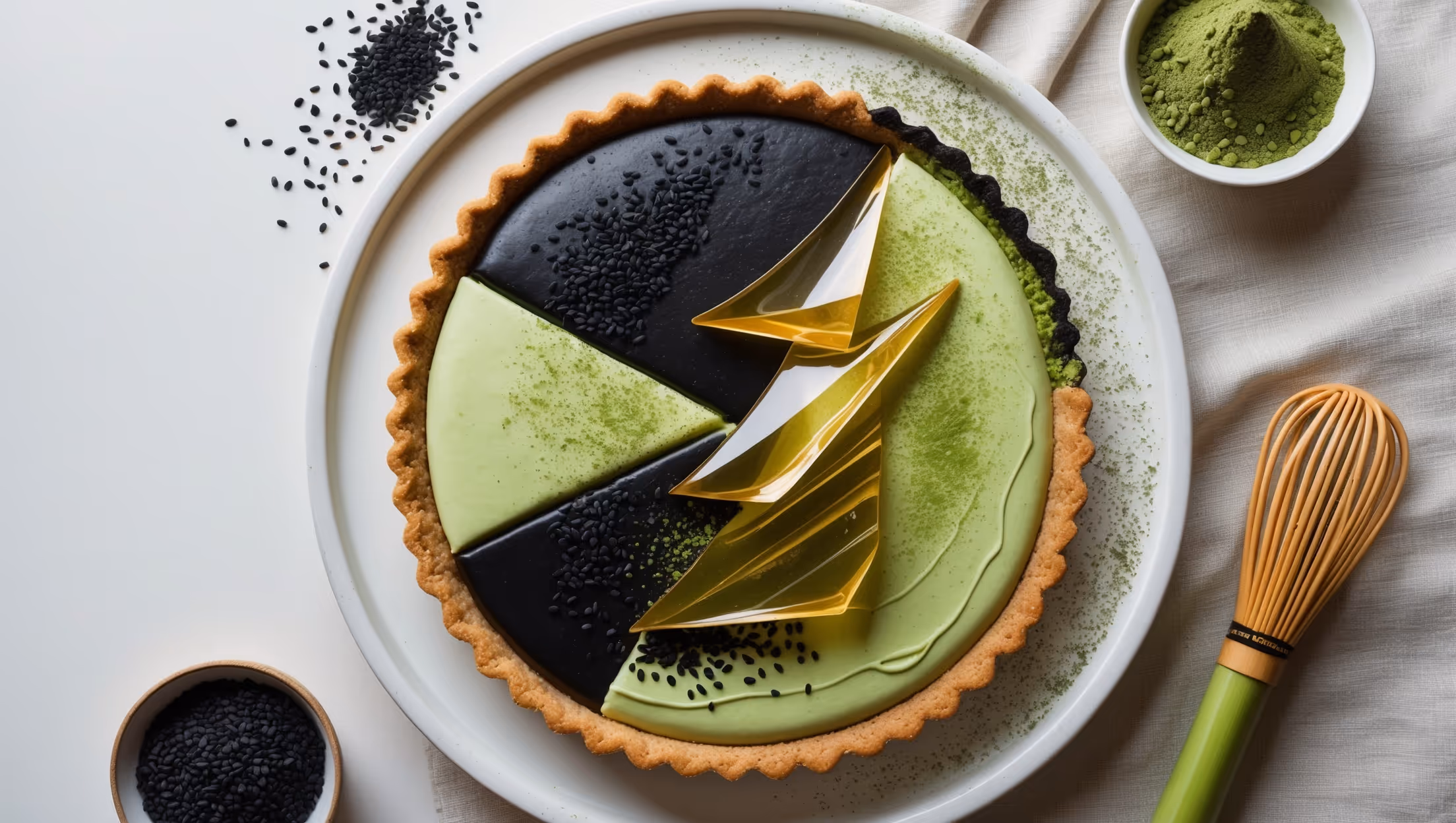 An overhead shot captures this sophisticated layered cream pie showcasing the striking contrast between charcoal-black sesame cream and vibrant green matcha layers against a golden-brown cookie crust. A cross-section reveals the distinct cream layers with perfect definition, while a dramatic shard of translucent sugar art rises from the center like golden stained glass, catching the soft natural light. Scattered black sesame seeds and a light dusting of matcha powder create artistic flourishes around the rim. The pie sits on a minimalist white ceramic stand against a neutral linen backdrop, with a small bowl of fresh black sesame seeds and a bamboo matcha whisk providing context to the key ingredients.