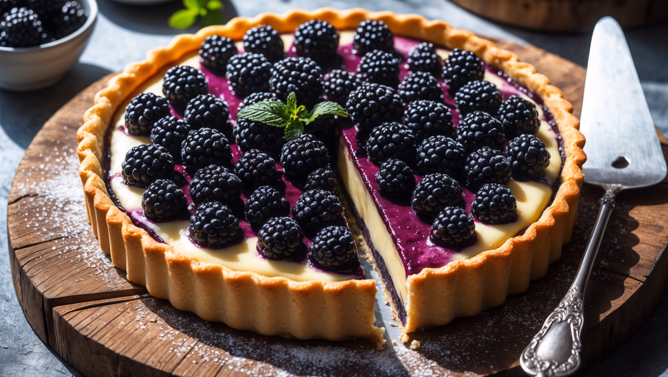 An overhead shot of a perfectly baked blackberry tart on a weathered wooden board, its crisp golden pastry contrasting beautifully with the deep purple-black berries. Natural sidelight casts gentle shadows, highlighting the glistening fruit and custard filling. A cross-section view reveals the layers of buttery pastry, smooth vanilla custard, and juicy berries. In the background, a small bowl of fresh blackberries and a sprig of mint add color, while a dusting of powdered sugar catches the light on the tart's surface. A vintage silver cake server rests alongside, ready to cut into the still-warm tart.